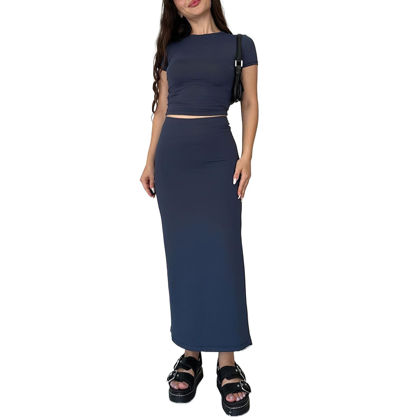 Women's 2 Piece Maxi Skirt Set - Bodycon Crop T-Shirt & High Slit Dress for Summer | Beach Vacation, Date Night, Party Outfits
