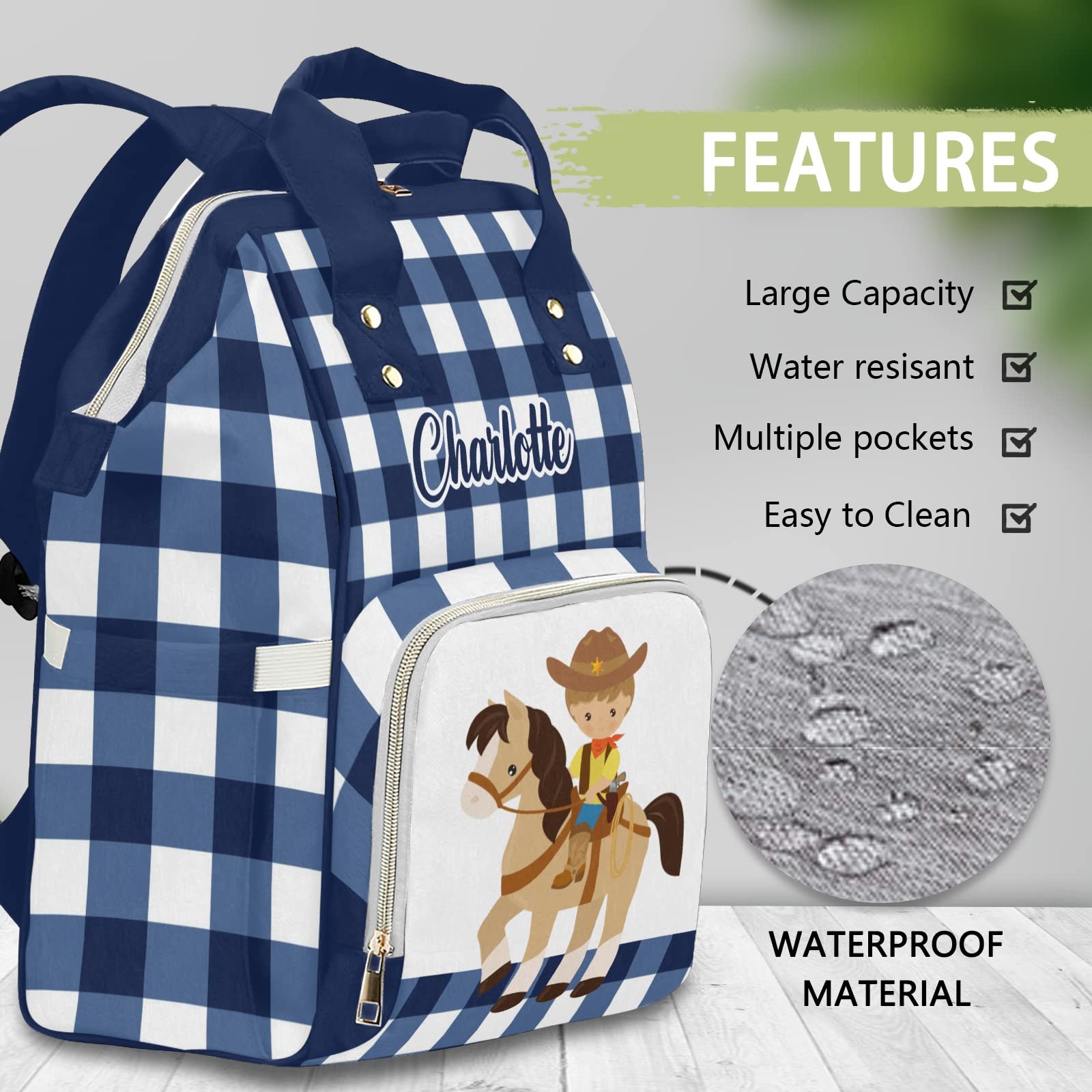 Personalized Diaper Bag Backpack Tote - Custom Baby Shower Gift for Moms, Cowboy Plaid Blue Design - Perfect for Travel, Outings & Everyday Use with Baby Essentials