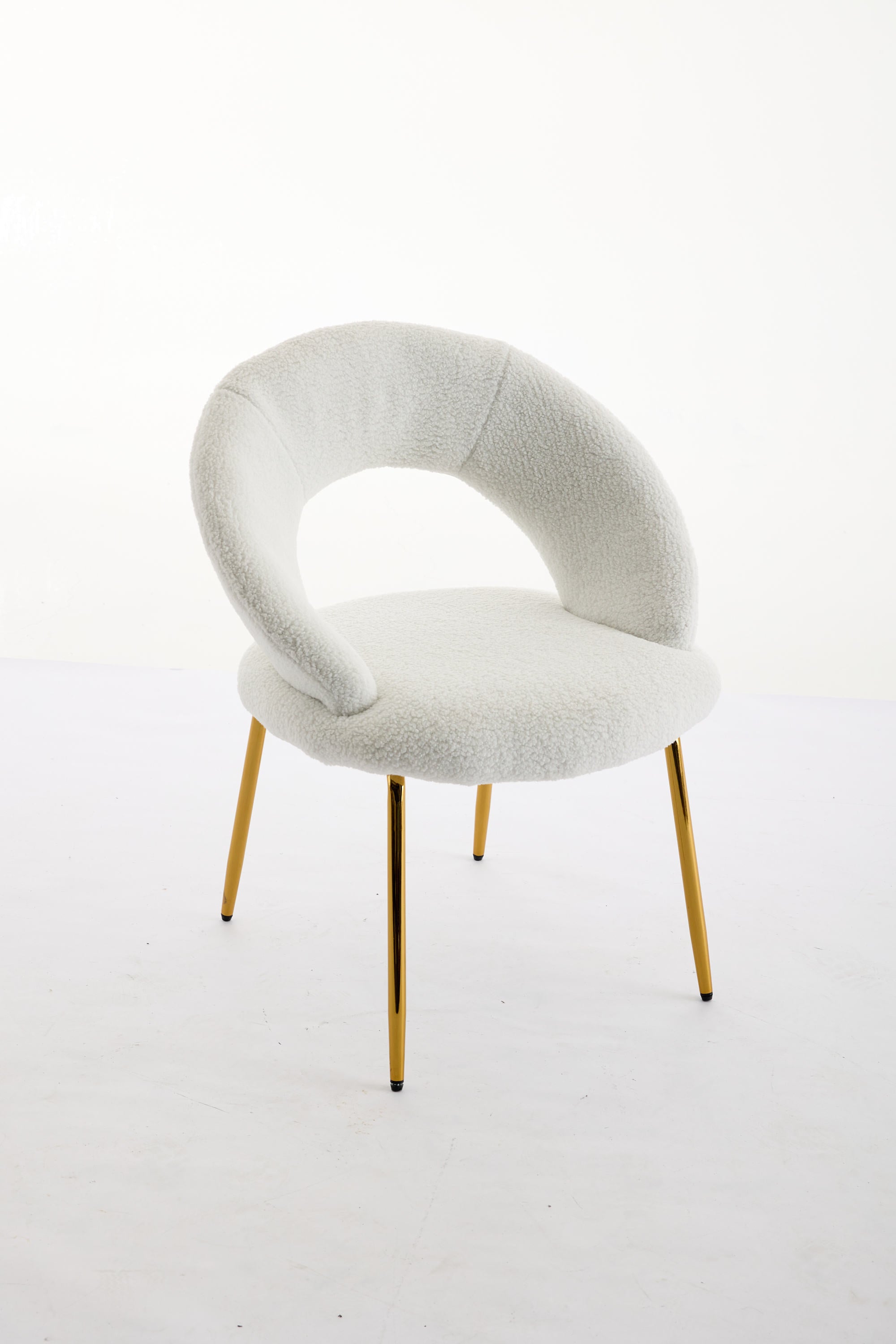 061 Set of 1 White Teddy Fabric Dining Chairs with Curved Backrest and Golden Metal Legs - Elegant Kitchen & Dining Room Seating for Home, Restaurant, or Cafe Use