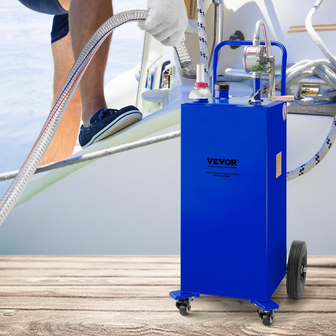 VEVOR 30 Gallon Portable Gas Caddy with Manual Pump - 4-Wheel Fuel Storage Tank for Gasoline & Diesel - Heavy Duty Fuel Container for Cars, Trucks, Lawn Mowers, ATVs, Boats & Outdoor Equipment - Ideal for Home, Farm, Construction & Emergency Fuel Storage