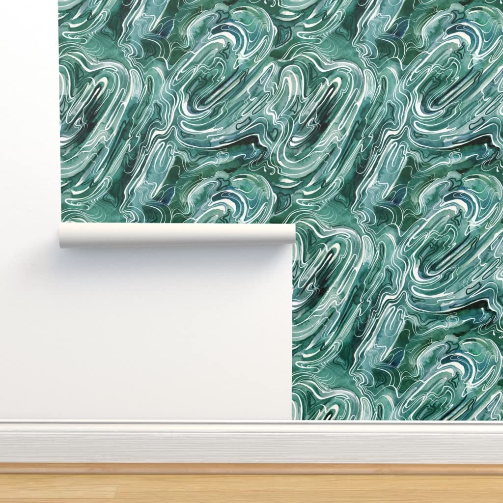 Peel & Stick Wallpaper 12ft x 2ft - Malachite Stone Green Geology Rocks Geode Abstract Watercolor Design | Removable Self-Adhesive Wallpaper for Bedroom, Living Room, Office Decor | Easy to Install & Customizable by Spoonflower