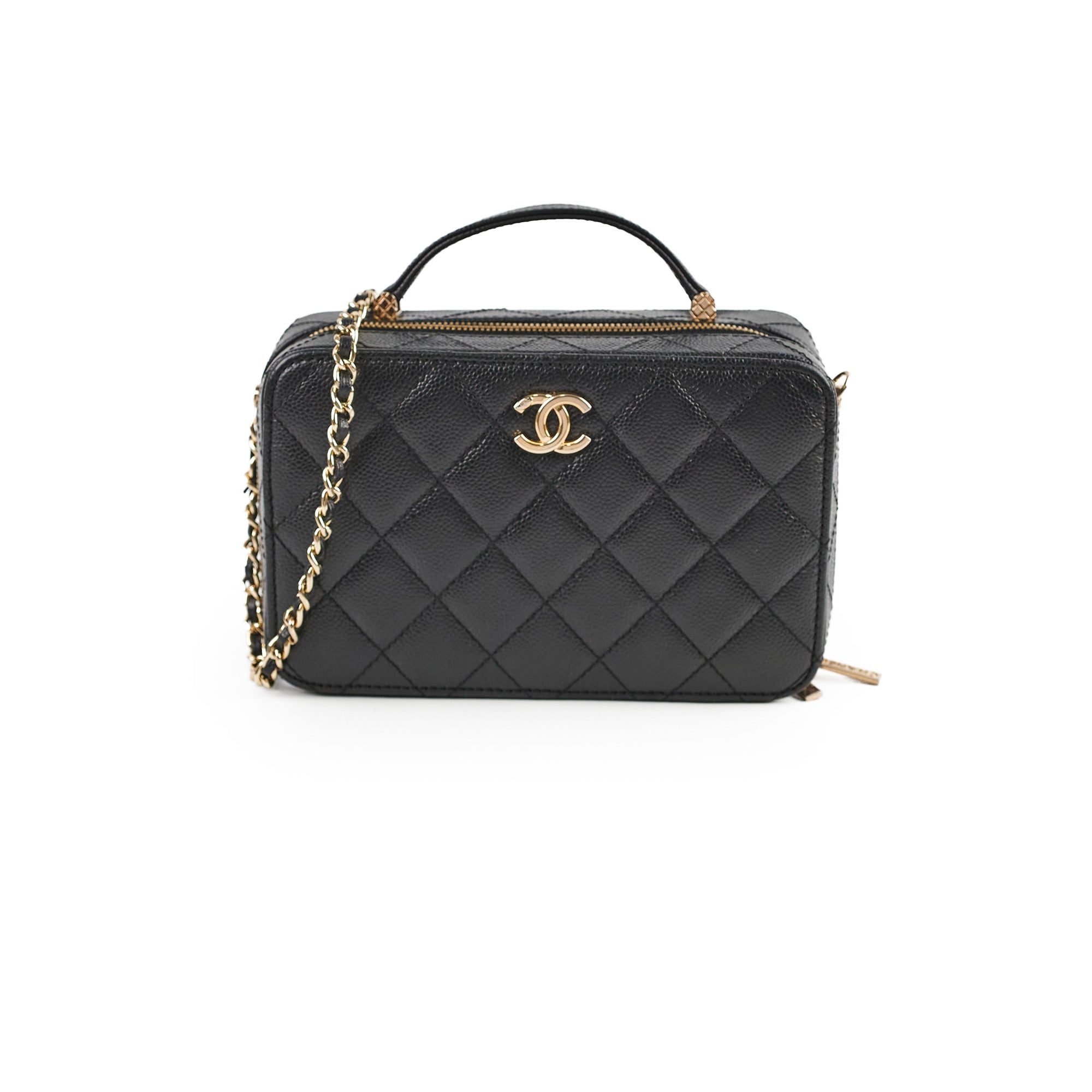 Authentic Chanel Caviar Vanity Bag with Top Handle - Microchipped Black Leather - Perfect for Evening Events & Luxury Travel Accessories