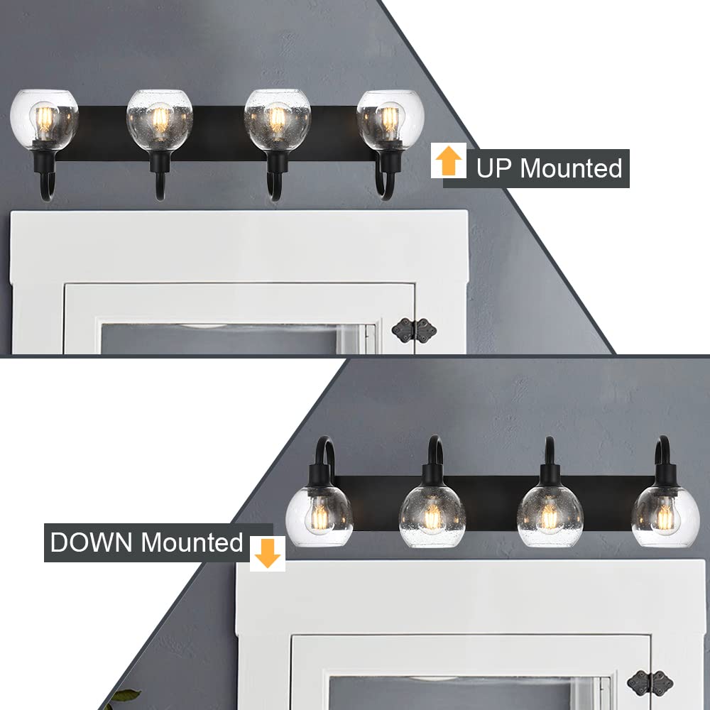 4-Lights Black Industrial Bathroom Vanity Light Fixtures with Seeded Glass Lampshades - Over Mirror Wall Lighting for Modern Bathroom & Powder Room Decor