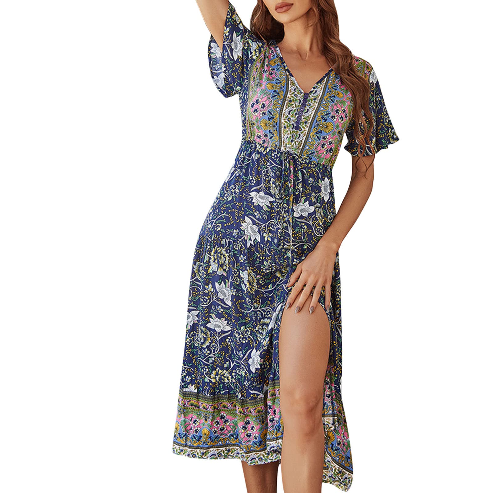 Elegant Short Sleeve V-Neck Floral Print Maxi Dress for Wedding Guest - Women's Spring Summer Cocktail Party Dress, Beach Vacation & Date Night Outfit