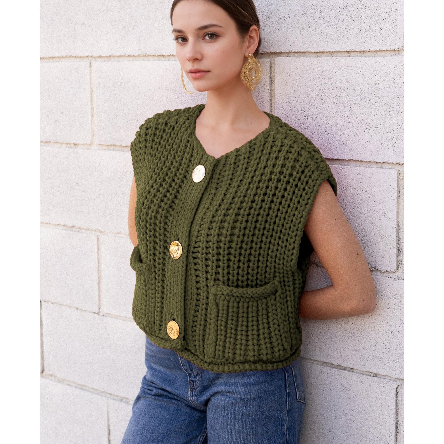 Stylish Ainangua Sleeveless Cropped Cardigan for Women - Chunky Knit Button Down Open Front Sweater Vest with Pockets | Perfect for Casual Outfits, Layering & Office Wear