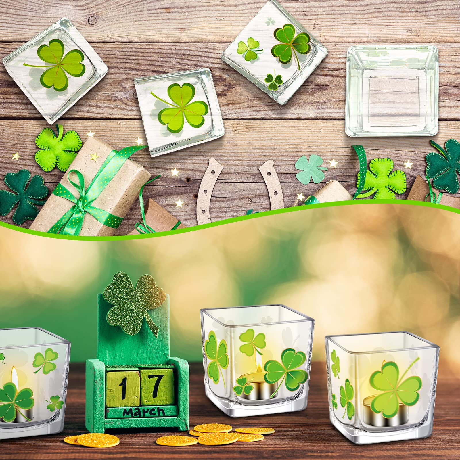 Eaasty 4-Piece St. Patrick's Day Candle Holder Set - Shamrock & Irish-Themed Glass Square Candle Holders for Table Decor, Party Centerpieces, and Home Celebration (Green Holiday Decorations)