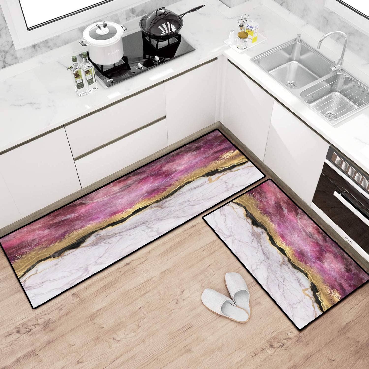 Pink Marble Kitchen Rugs Set with Gold Foil - Non-Slip Washable Floor Mat, Runner & Bath Rug - Stone Texture Abstract Design for Comfortable Standing - Perfect for Kitchen Decor, Entryway & Bathroom