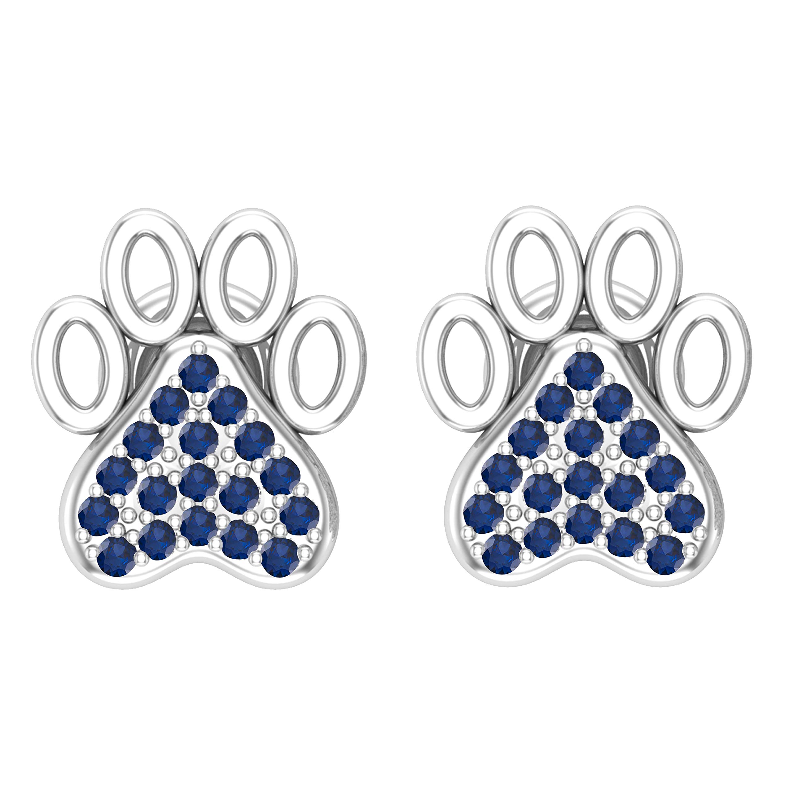 10K Solid Gold Round Blue Sapphire Paw Print Stud Earrings for Women - Dazzlingrock Collection | Perfect Gift for Pet Lovers, Birthday & Anniversary Jewelry