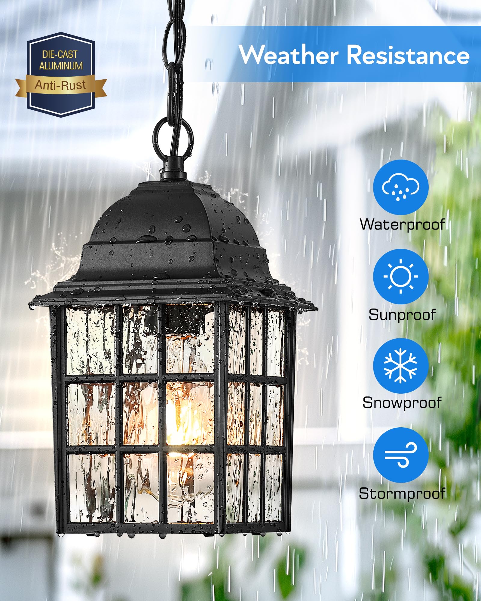 VIANIS Black Outdoor Pendant Lights - Rust-Resistant Aluminum Farmhouse Lantern for Porch, Garage, Entryway & Gazebo - Durable Tempered Ripple Glass Chandelier (Perfect for Patio, Deck, and Outdoor Dining Areas)