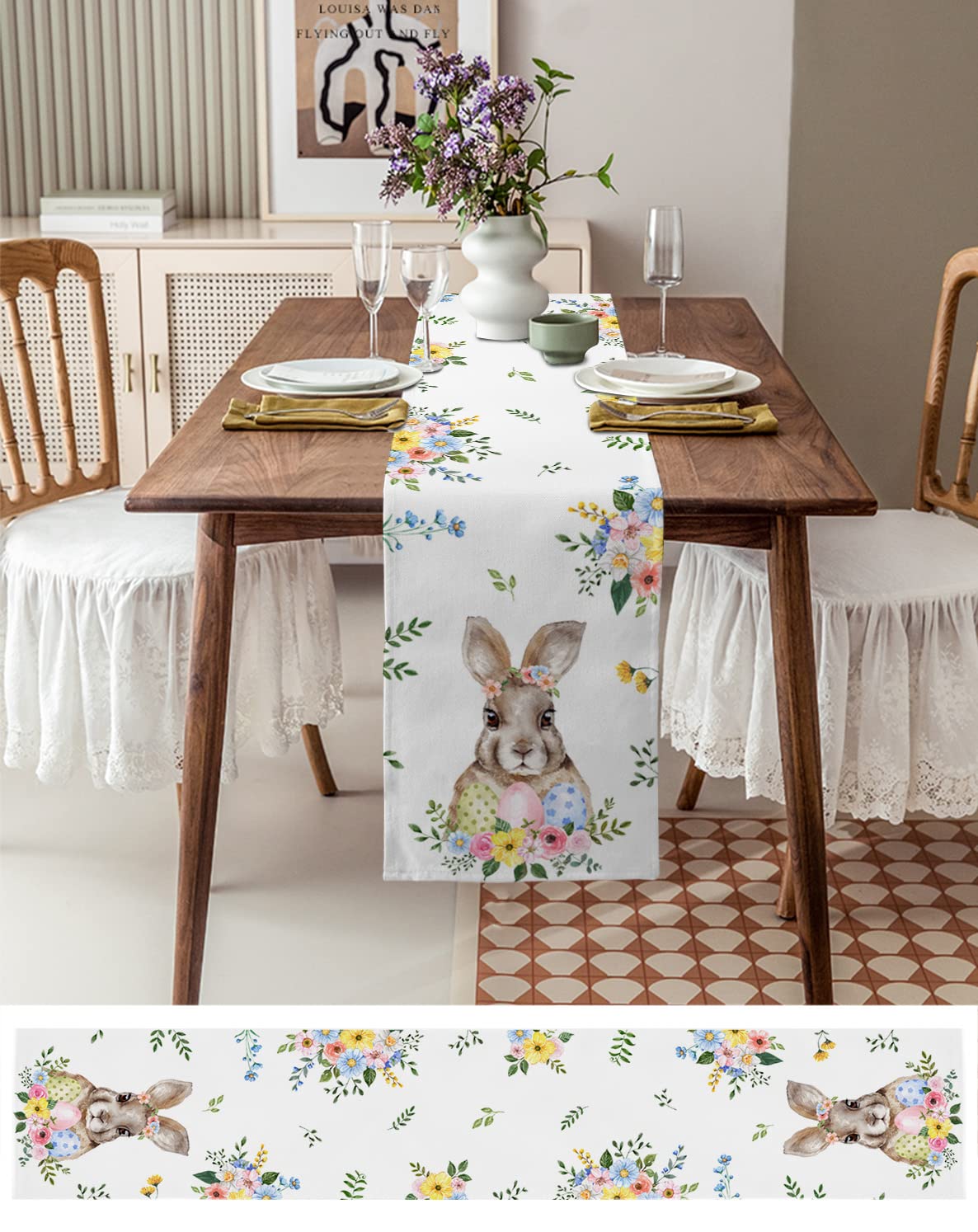 Easter Bunny Cotton Linen Table Runner - 13x120 Inch Spring Floral Easter Egg Table Decor for Kitchen, Dining Room, Banquet, Party & Holiday Celebrations - Perfect for Family Dinners, Easter Brunch & Spring Home Decor