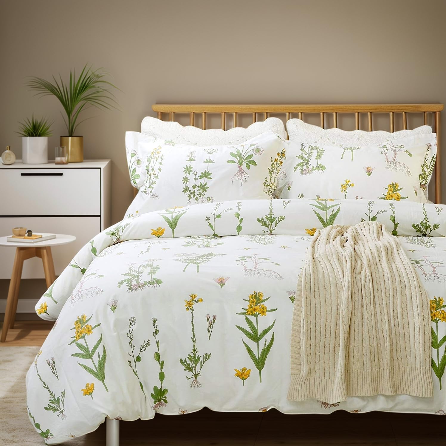 FADFAY Shabby Floral Duvet Cover Set - 100% Cotton White and Green Bohemian Bedding with Hidden Zipper - 3 Piece Set (1 Duvet Cover + 2 Pillowcases) for King/California King Size Bed - Perfect for Farmhouse, Vintage or Boho Chic Bedroom Decor