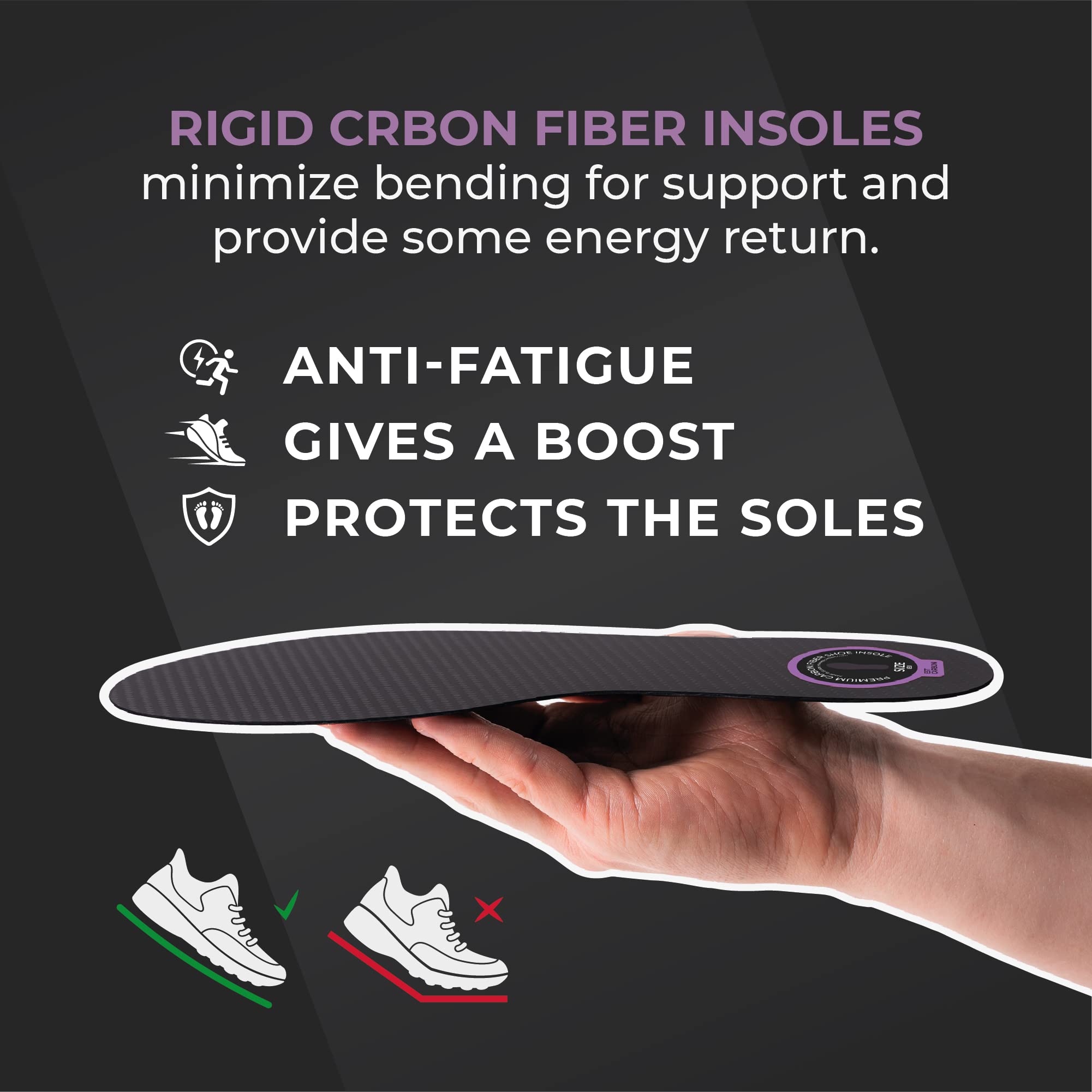 Premium 2-Pair Carbon Fiber Shoe Insoles for Men & Women - Lightweight Arch Support Inserts for Basketball, Volleyball, Hiking & Running - Fits All Sneakers & Athletic Shoes (Women's 9.5/Men's 9) - Boost Performance & Comfort for Sports & Daily Wear