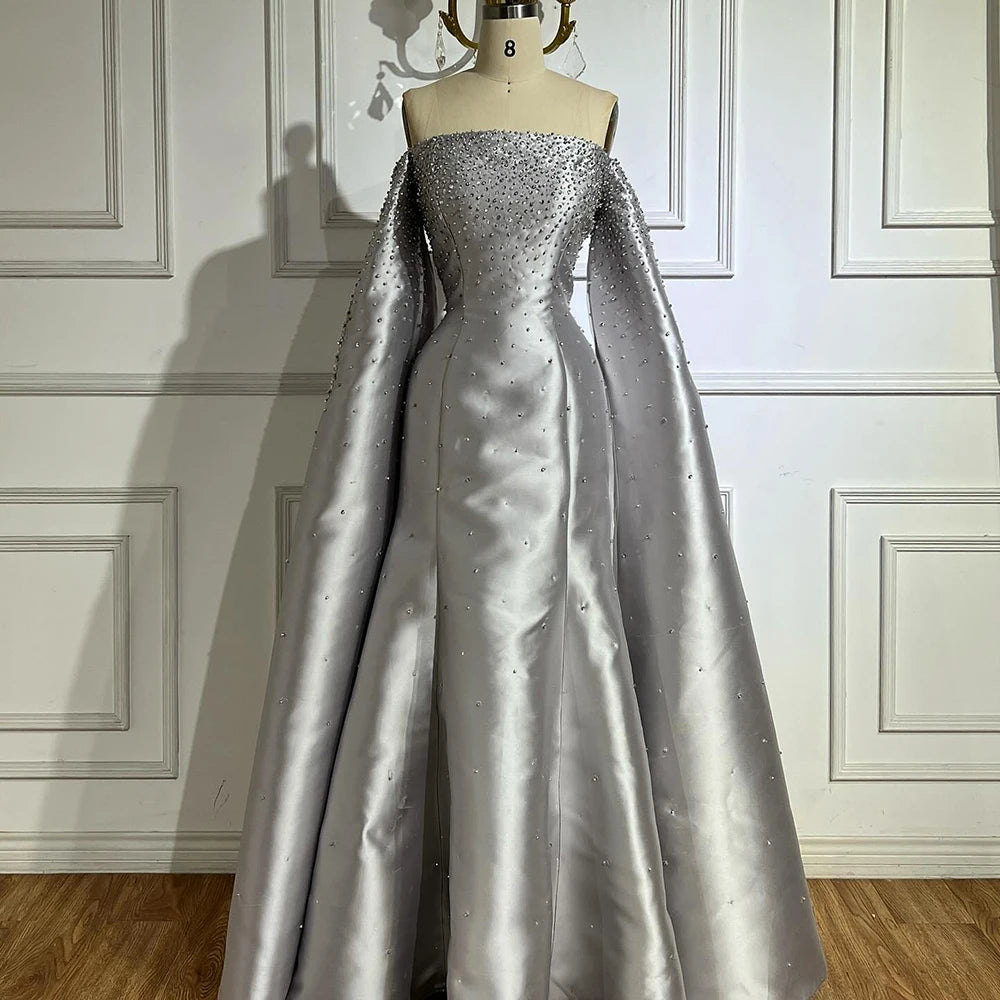 Luxury Dubai Off Shoulder A-Line Gray Satin Evening Gown with Pearl Beading - Elegant Formal Dress for Prom, Wedding & Gala Events LA72779