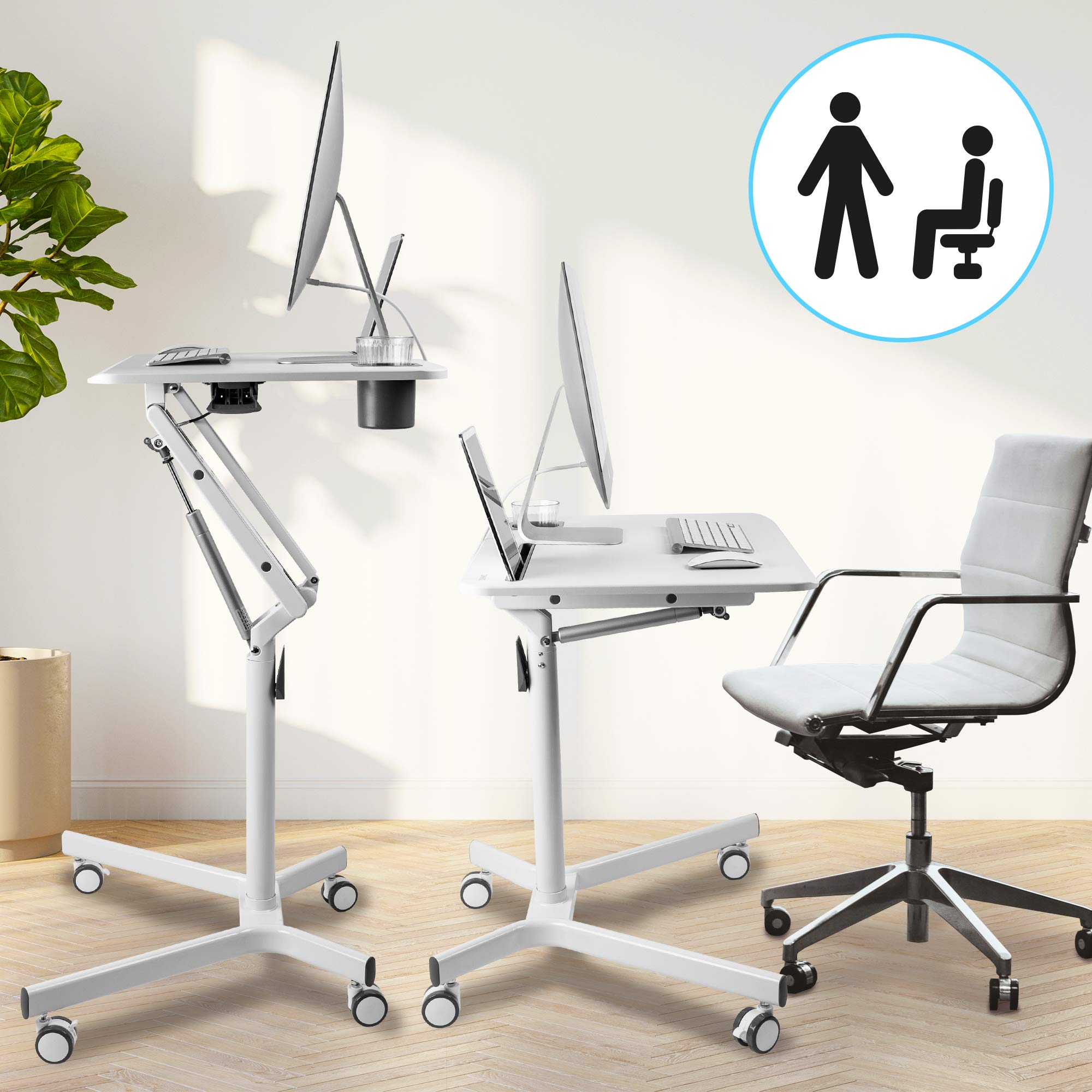 Duronic WPS57 Adjustable Height Sit Stand Desk - White Ergonomic Workstation with Tablet Holder & Cup Holder, Mobile Rolling Cart, 27.5
