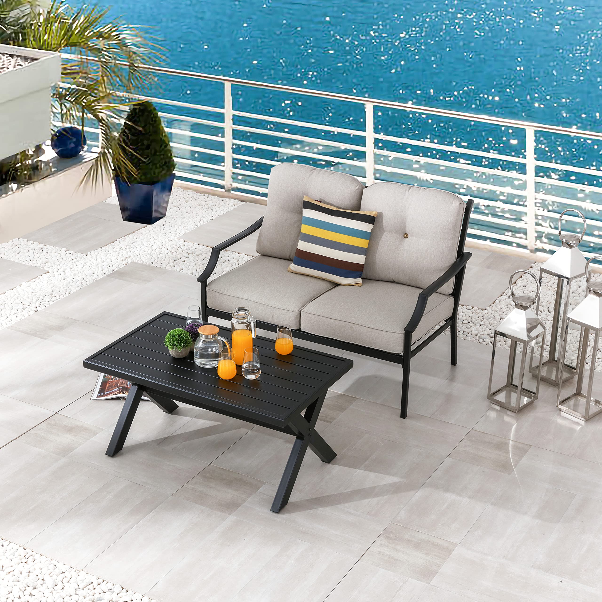 LOKATSE HOME 2-Piece Outdoor Patio Conversation Set - Metal Bench Sofa with Cushions & Coffee Table, Beige Loveseat for Garden, Backyard, Poolside Relaxation