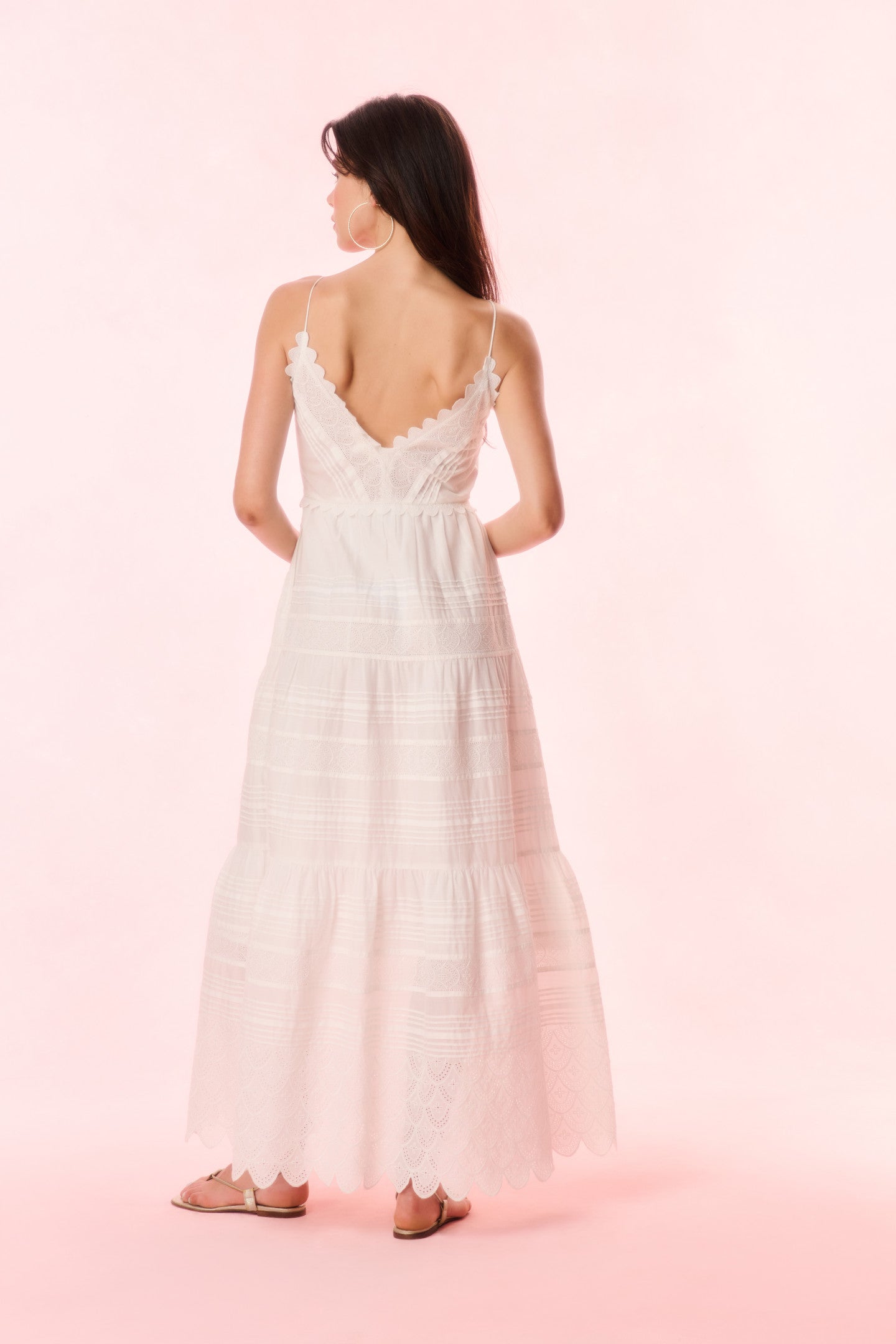 Terria Cotton Scalloped Maxi Dress for Women - Flowy Bohemian Summer Beach Dress with V-Neck & Long Sleeves - Perfect for Vacations, Weddings, and Outdoor Events