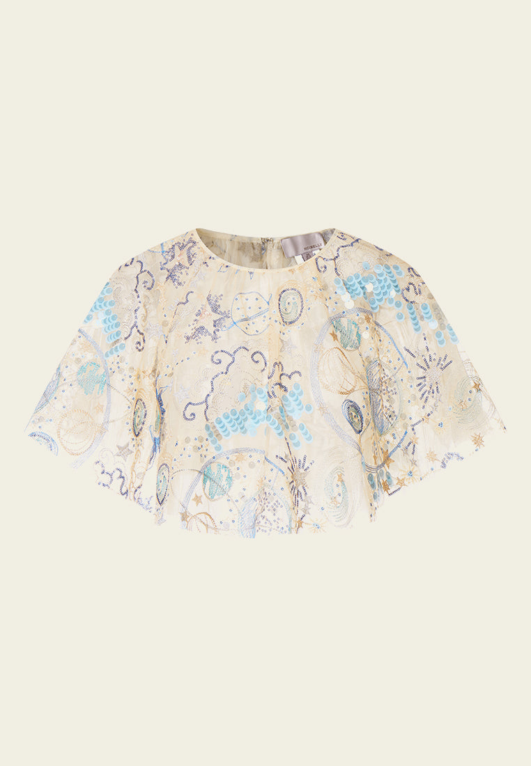 Elegant Beige Sequin Embroidered Cape Shawl - Women's Fashion Evening Wrap for Parties, Weddings & Special Occasions