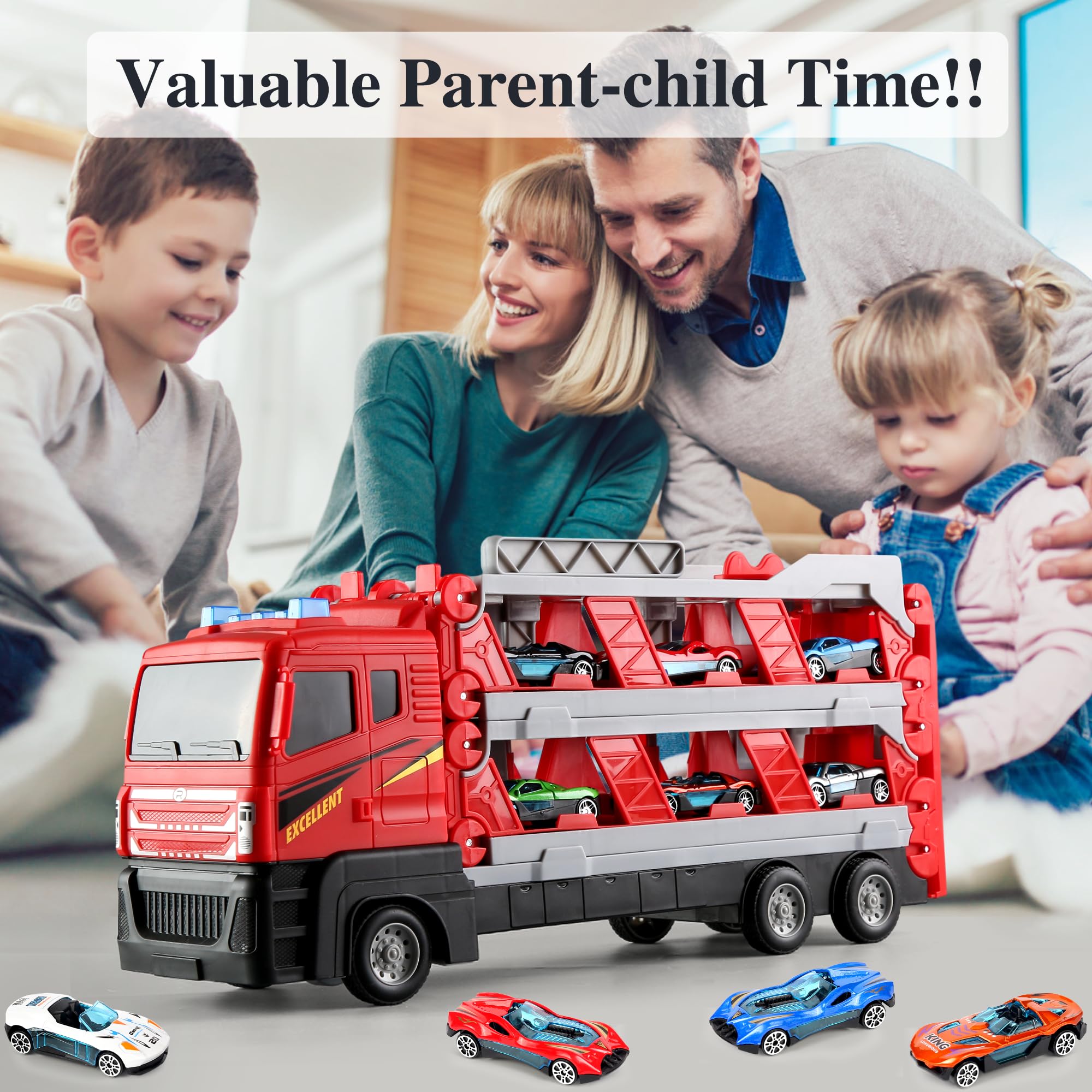 64-Inch Catapulting Racing Track Toy Trucks Set with 6 Metal Cars & Storage - Foldable Truck Toys for Boys & Girls Ages 2-8 - Perfect Gift for Toddlers & Kids (Indoor Play, Birthday Presents, STEM Learning)