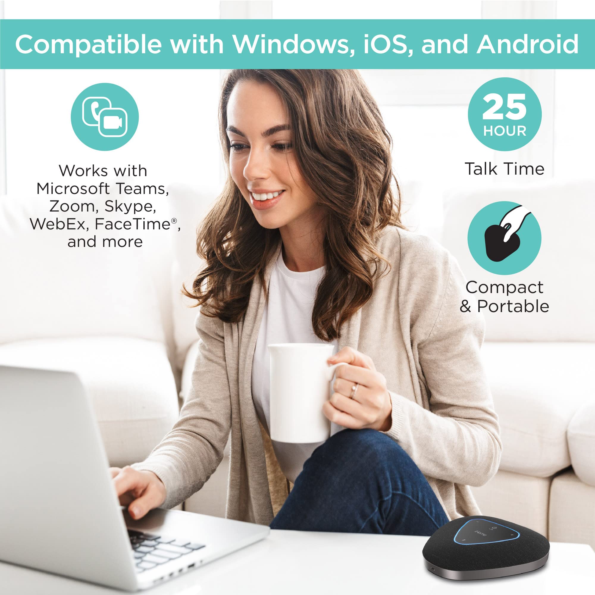 iHome Conference Speaker and Microphone - USB & Bluetooth Speakerphone with 3 Noise Cancelling Mics for Home Office, Compatible with Mac/Windows/iOS/Android - Perfect for Zoom Meetings & Remote Work