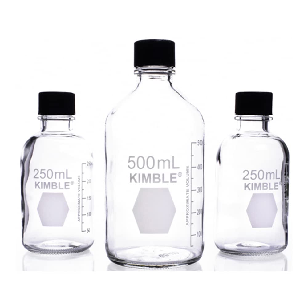 Kimble 61110R-250 USP Type I Glass Screw Thread Storage Bottles with Phenolic Closure - 250mL (Pack of 48) | Laboratory Media Bottles, Chemical Storage, Sample Containers for Scientific Research & Industrial Use