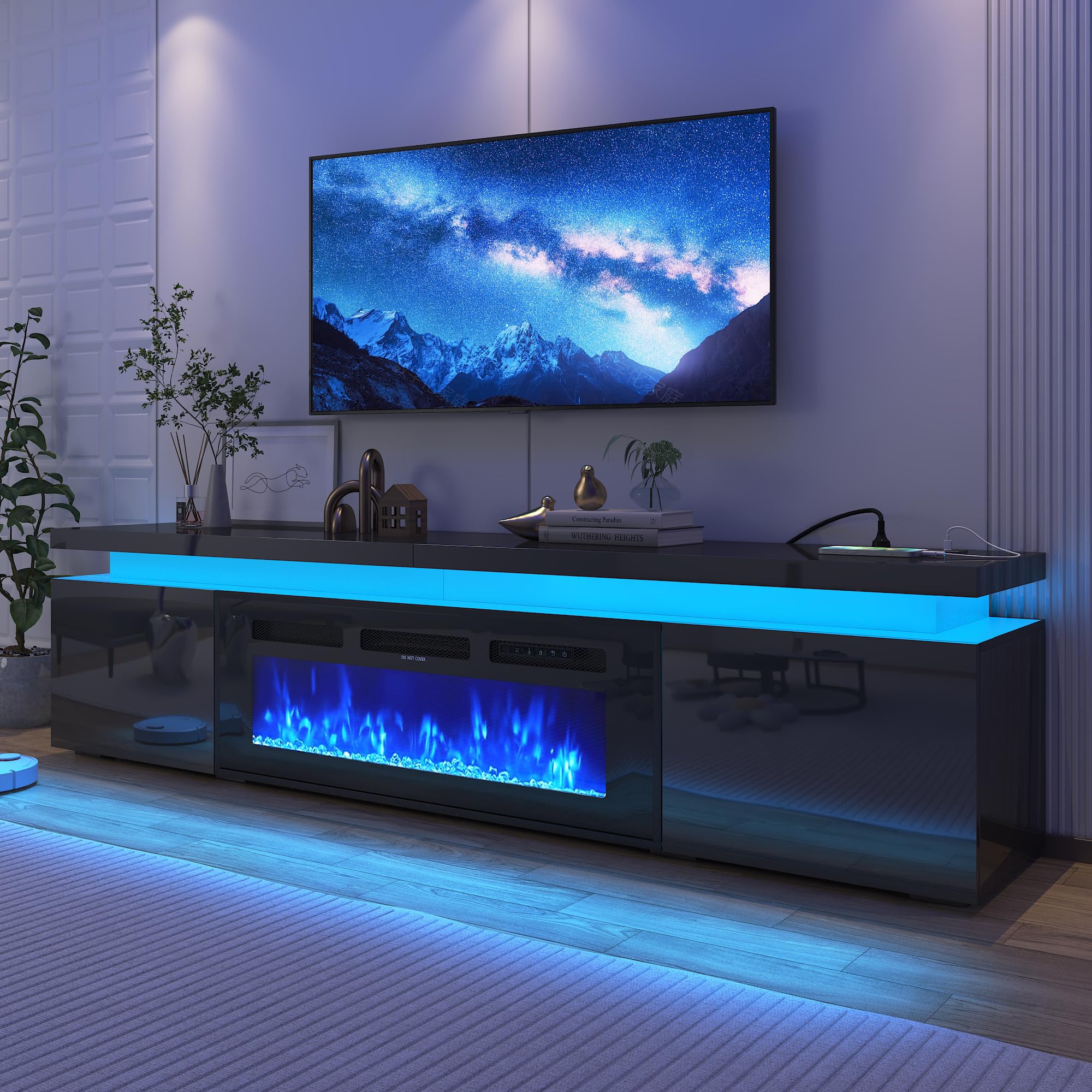 71-Inch Modern LED TV Stand with Built-in 40-Inch Electric Fireplace - Fits 80-Inch TVs, High Gloss Entertainment Center with Power Outlet & Storage - Perfect for Living Room & Bedroom (Black) - Cozy Winter Nights & Stylish Home Decor Solution