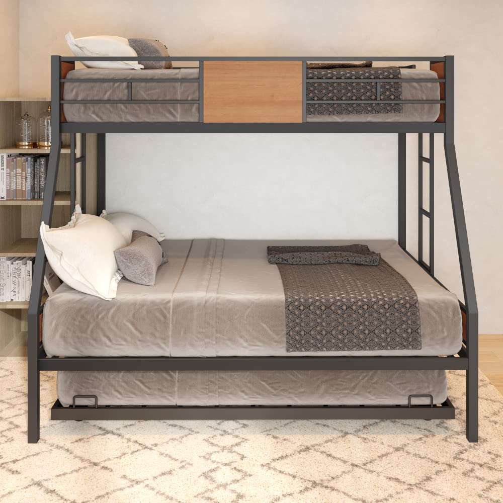 Metal Twin Over Full Bunk Bed with Trundle - Wooden Safety Guardrails & Dual Ladders - Space-Saving Black Bed Frame for Kids, Teens & Guest Rooms - Perfect for Small Bedrooms, Dorms & Vacation Homes