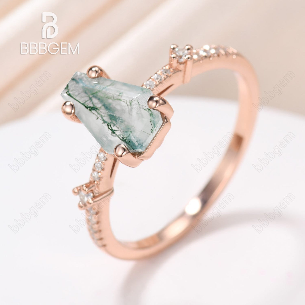 Natural Green Moss Agate Promise Ring with Moissanite Band in Rose Gold & Silver | Unique Coffin Cut Design for Engagement, Wedding & Anniversary Gifts | Handmade Jewelry for Her