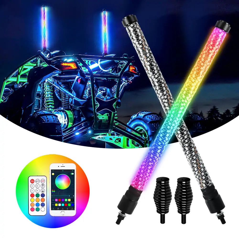 LOYO Spiral RGB Chasing Fat Whip Lights with Flags - Bluetooth APP & Remote Control for Cars, Trucks, Motorcycles | Perfect for Night Rides, Car Shows & Outdoor Parties