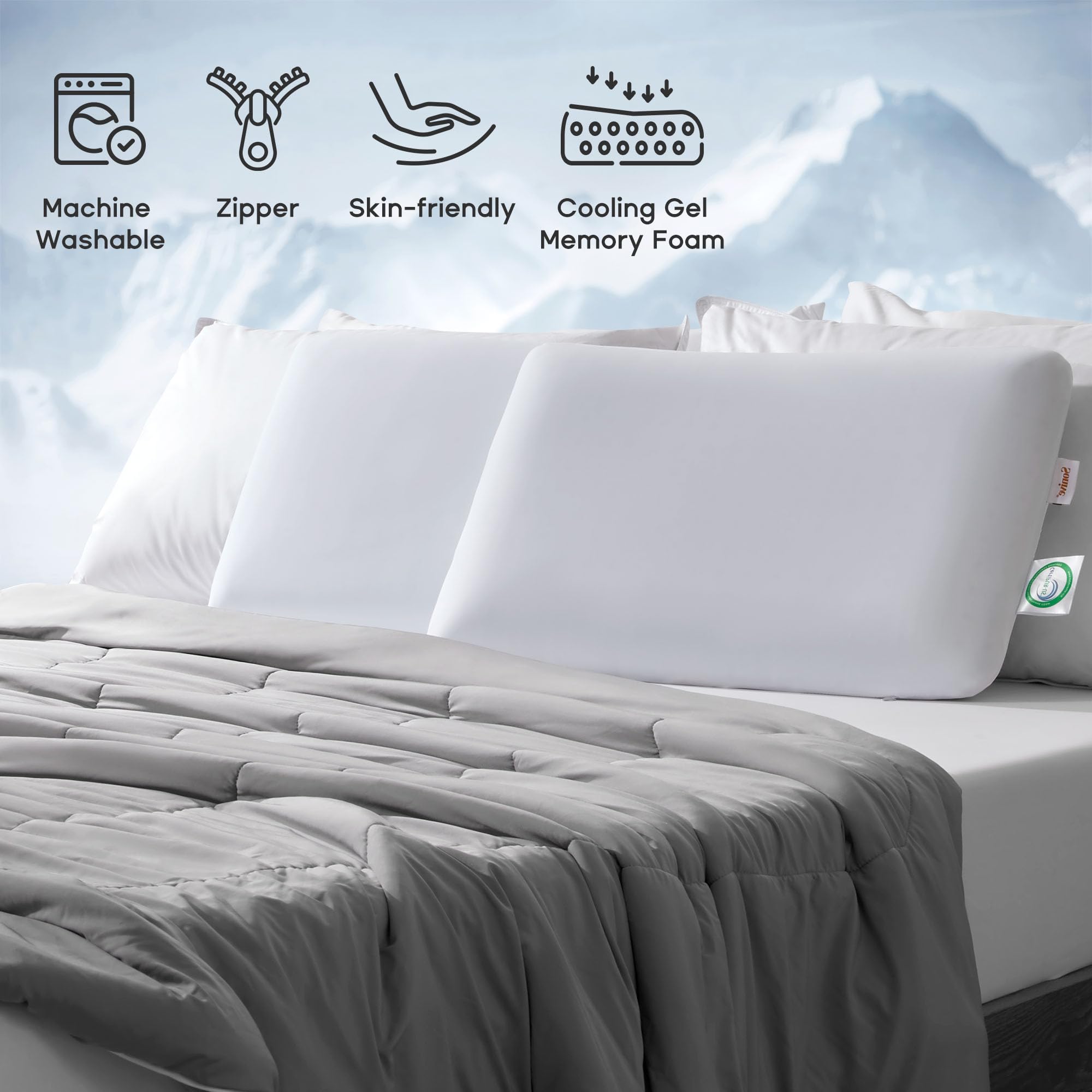 Cooling Memory Foam Pillow for Back/Stomach/Side Sleepers - Ultra Thin & Washable - Home/Bedroom/Travel