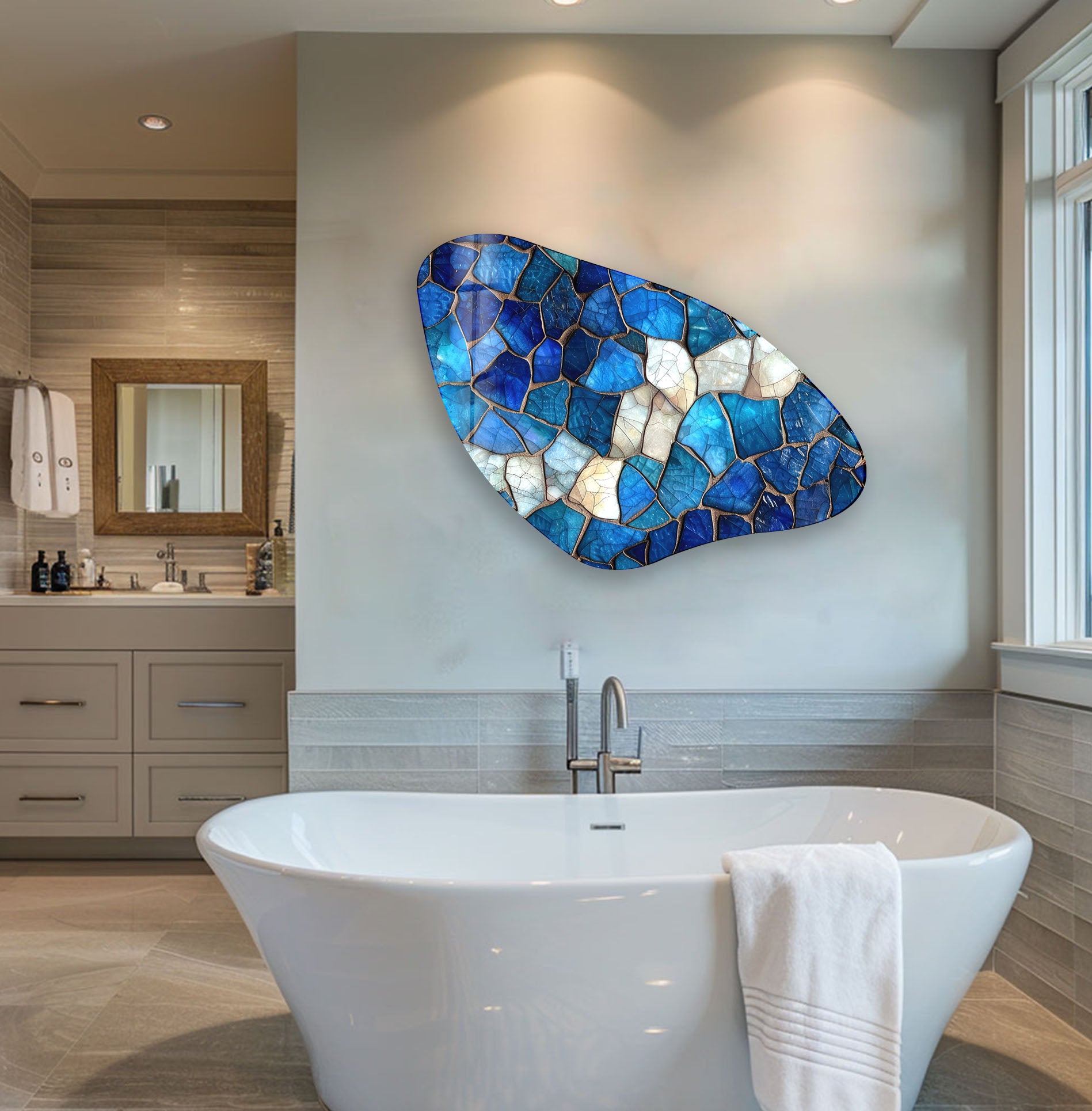 Handmade Blue Mosaic Asymmetrical Glass Wall Art - Modern Abstract Home Decor for Living Room, Bedroom & Office