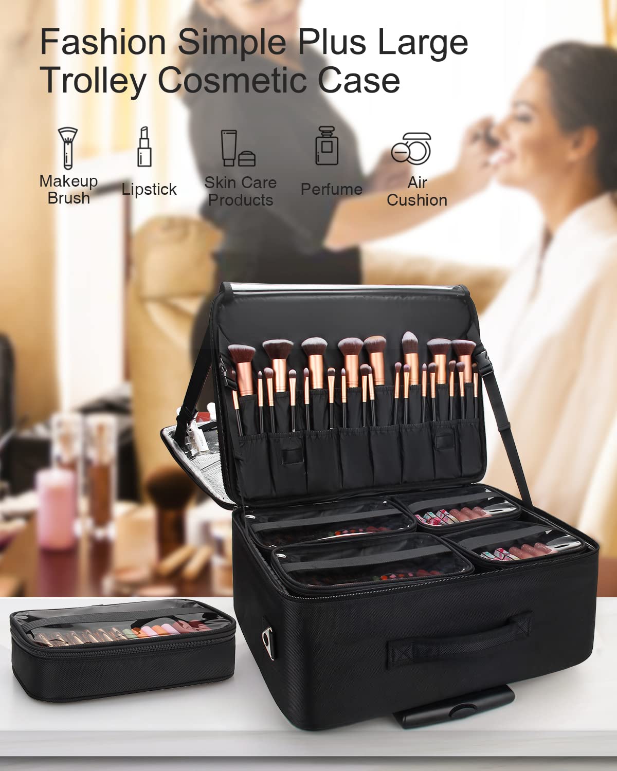 MONSTINA 3-Layer Rolling Makeup Train Case - Extra Large Cosmetic Organizer Trolley for Hairstylists & Travel, Adjustable Divider Black | Professional Salon, Mobile Beauty Services & Travel Cosmetics Storage