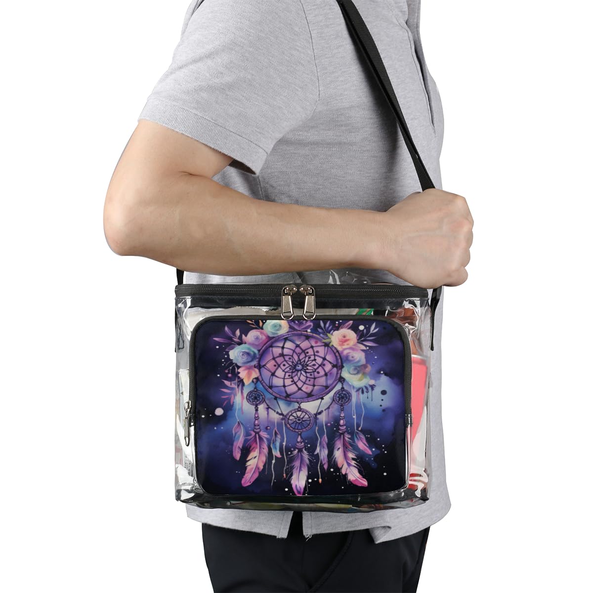 GzLeyigou Clear Transparent Tote Bag with Feathers & Flowers - Stadium Approved Crossbody Shoulder Bag for Outdoor, Travel, Picnic, Concerts & Sports Events | Perfect for Beach, Shopping, Music Festivals and Theme Parks