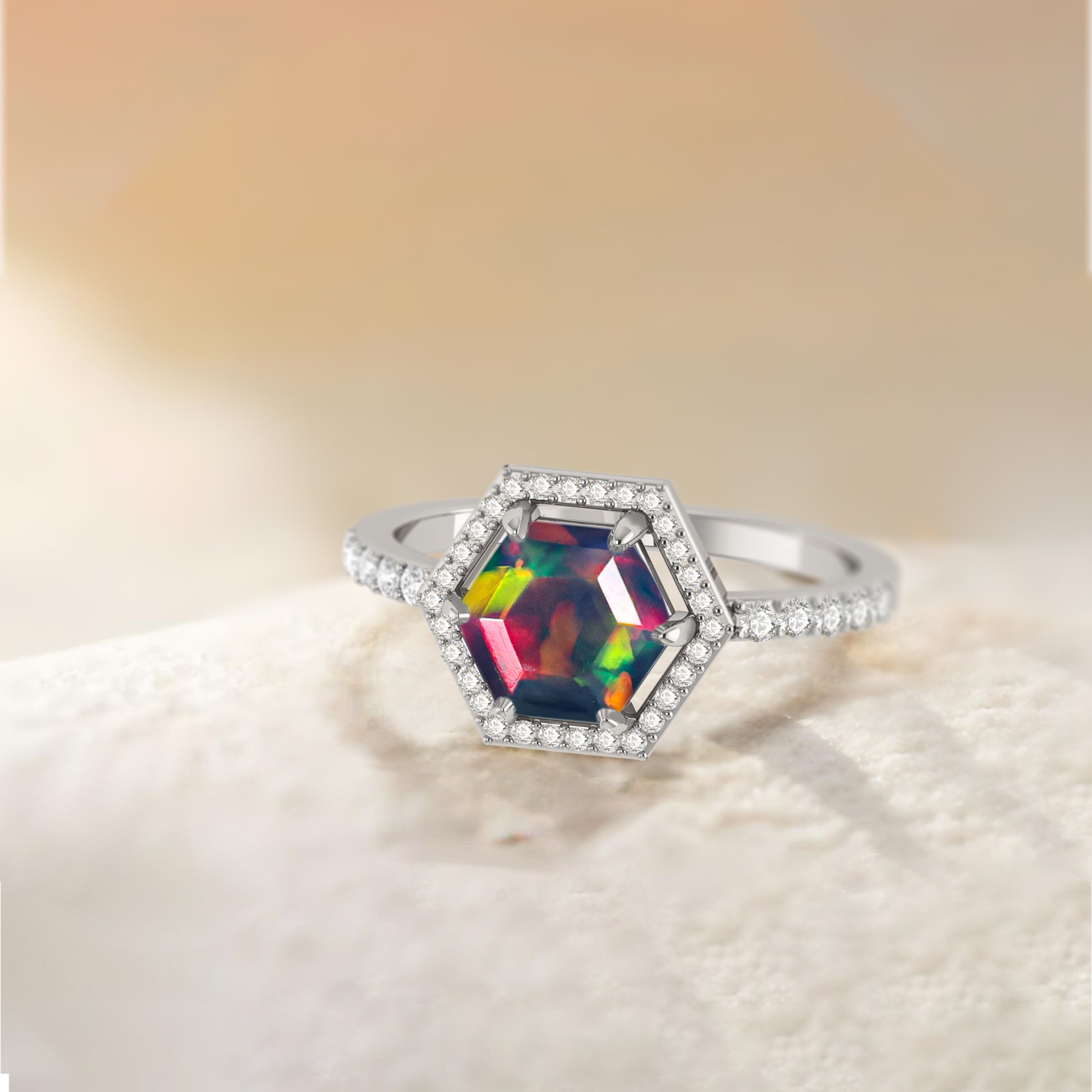 Hexagon Shaped Natural Black Opal Halo Ring for Women - Elegant Wedding, Engagement & Anniversary Jewelry Gift