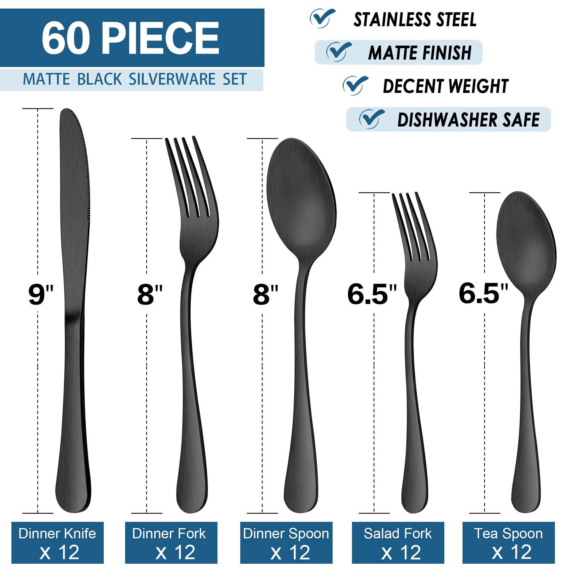 60-Piece Matte Black Silverware Set - Stainless Steel Satin Finish Flatware for 12 - Elegant Dinnerware for Home, Restaurant & Party - Dishwasher Safe - Perfect for Formal Dining, Wedding Gifts & Holiday Entertaining