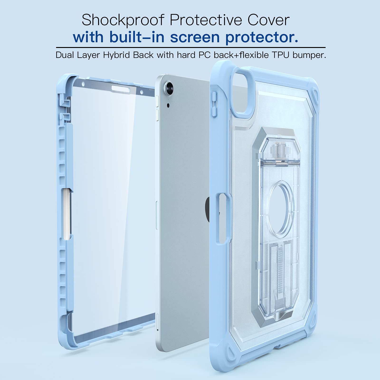 Clear Shockproof iPad Air 5th/4th Gen Case (10.9 Inch 2022/2020) - Built-in Screen Protector & Apple Pencil Holder with Kickstand - Dual Layer Protection in Clear & Sky Blue - Perfect for Work, School & Travel