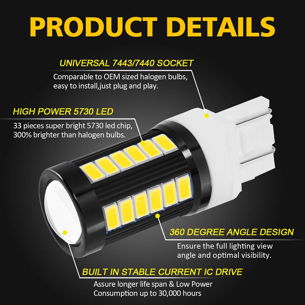 AUXLIGHT 7443 7440 T20 W21W 1400 Lumens Super Bright LED Bulbs - Low Power, 6000K Xenon White - Replacement for Backup Reverse Lights, Tail Brake Stop & Parking Lights (Pack of 2) - Perfect for Cars, Trucks & SUVs