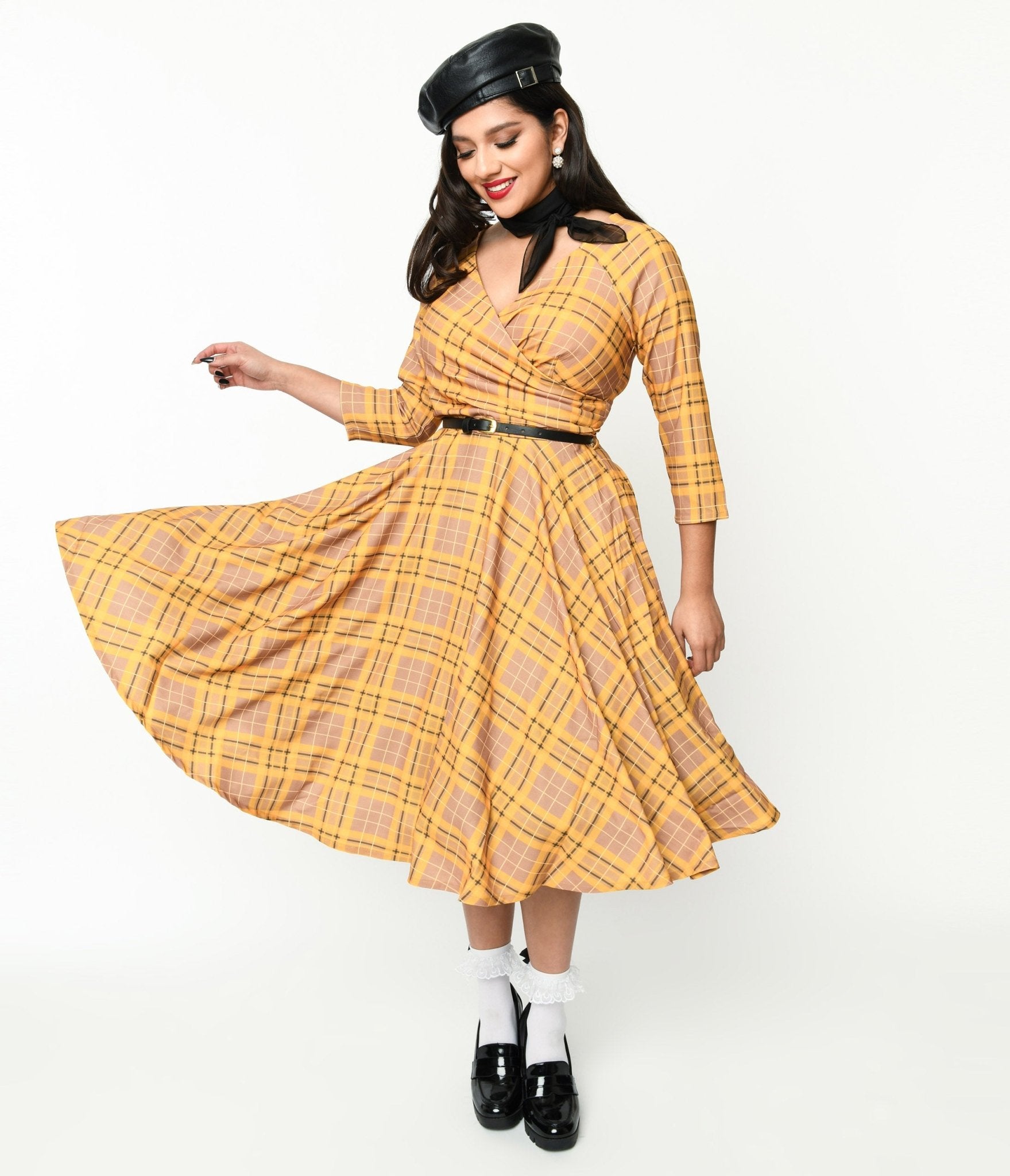 Mustard Yellow Plaid Kacee Swing Dress - Women's Vintage A-Line Flowy Dress for Casual Outings, Date Nights & Fall Fashion | Plus Size Options Available