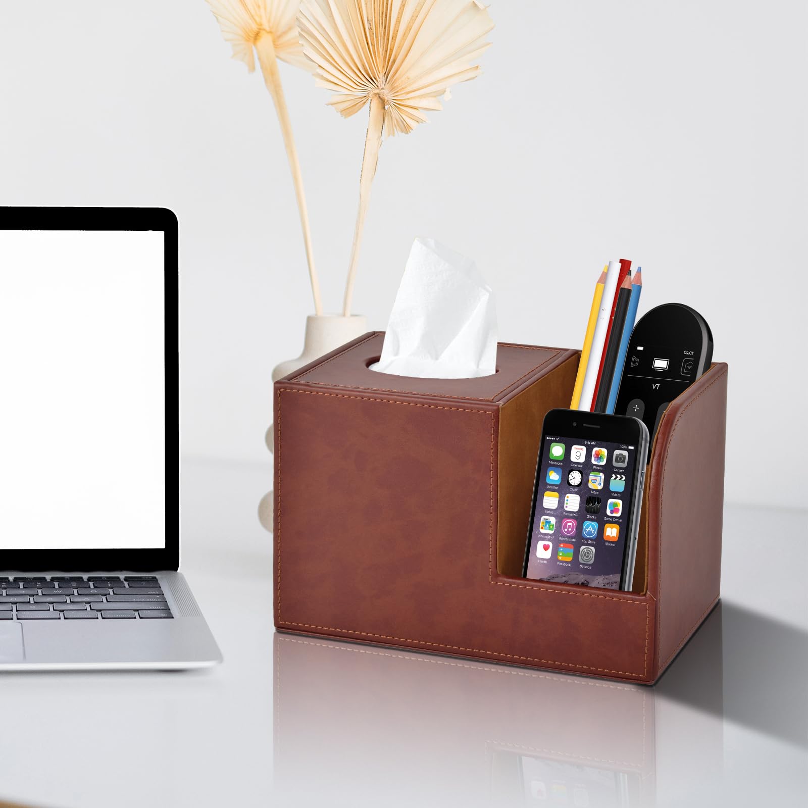 PU Leather Square Tissue Box Cover with Storage - Multifunctional Tissue Holder & Remote Control Organizer - Decorative Home & Office Desk Accessory (Brown) - Perfect for Living Room, Bedroom, and Workspace Organization