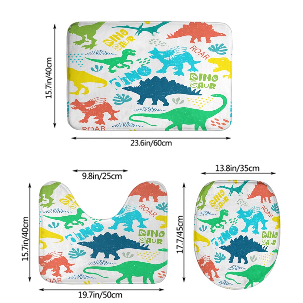 WONDERTIFY Dinosaur Triceratops Non-Slip Bathroom Rug Set - 3 Piece Bath Mat, Contour Mat & Toilet Lid Cover | Soft Absorbent, Waterproof Floor Mats for Kids & Adults - Perfect for Bathroom, Shower & Nursery Decor