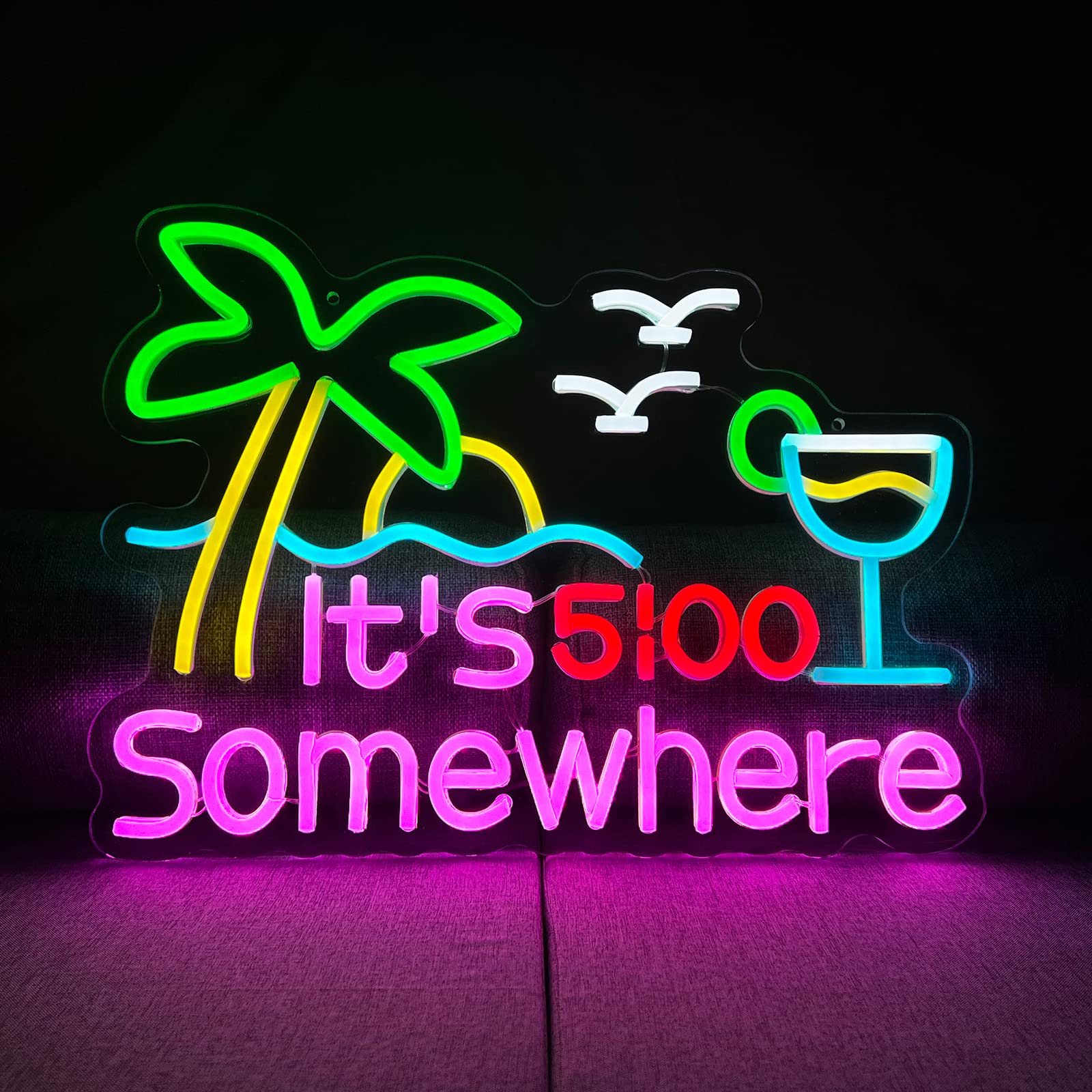 Vintage Retro LED Neon Sign - 'It's 5 O'clock Somewhere' Funny Beer Bar Light for Home, Kitchen & Hotel Decoration | Hawaii Beach Holiday Style Summer Decor