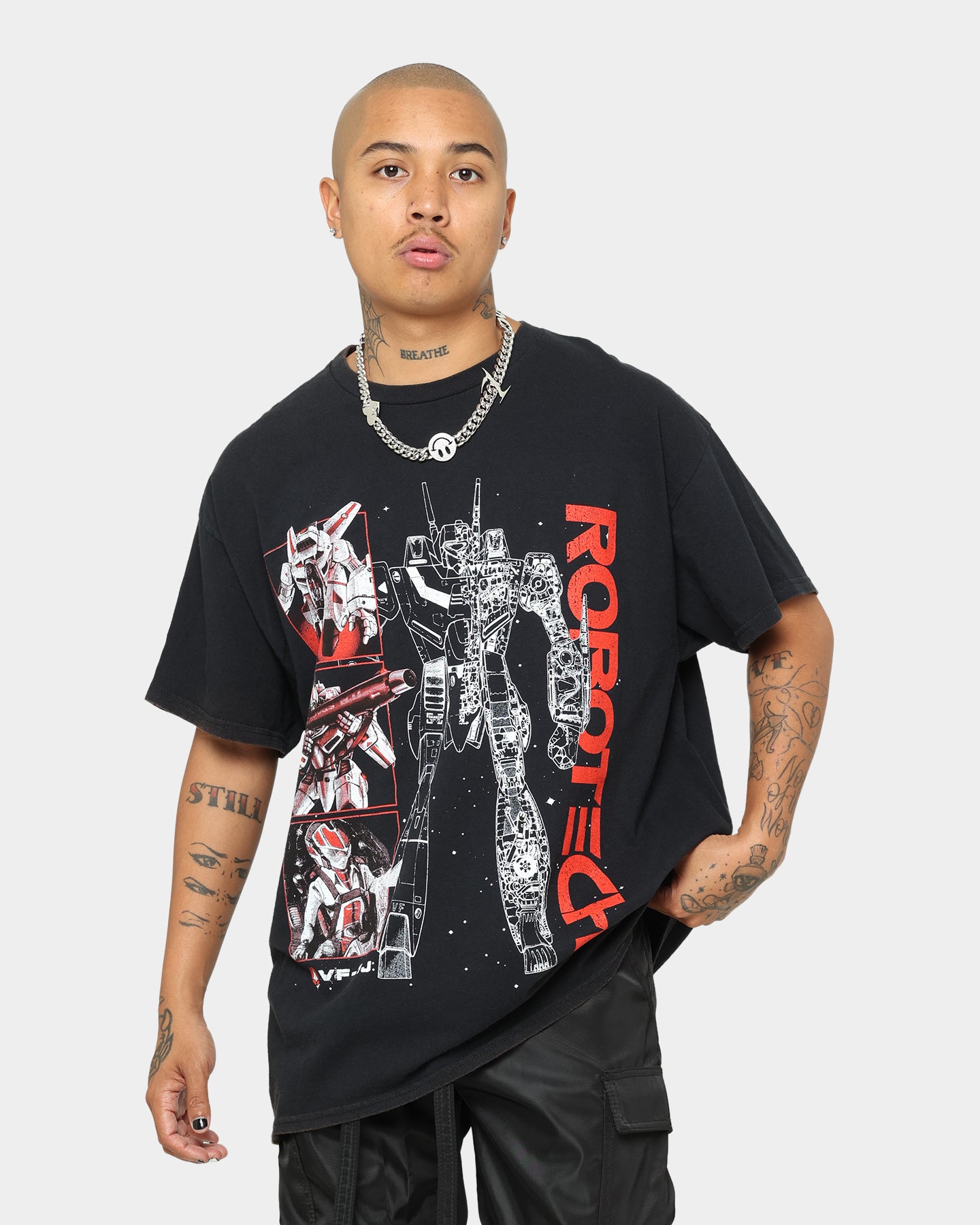 American Thrift X Robotech VFIJ Vintage Washed Black T-Shirt | Retro Anime Tee for Fans, Casual Wear & Collectors
