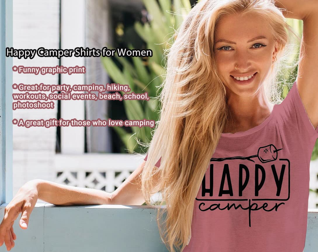 Happy Camper Graphic T-Shirt for Women - Funny Marshmallow Print Casual Camping Tee - Perfect for Summer Outdoor Adventures, Bonfires & Music Festivals