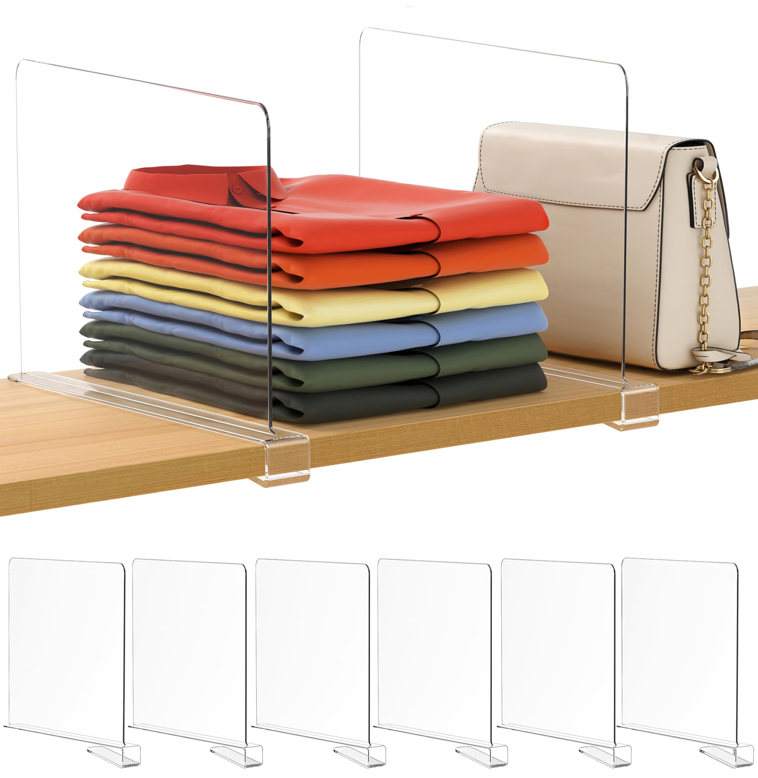 6 Pack 12 Inch Extra Tall Clear Acrylic Shelf Dividers - Closet Organizer for Vertical Shelves in Bedroom, Office & Kitchen - Perfect for Organizing Clothes, Books & Kitchen Supplies