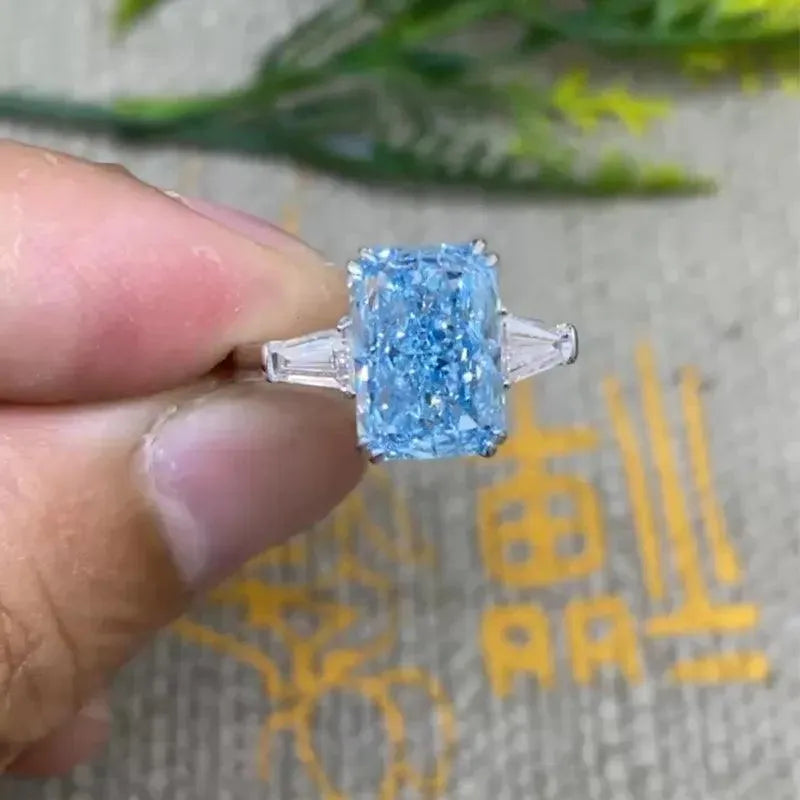 IGI Certified 3.42CT Fancy Intense Greenish Blue CVD Lab Grown Diamond Ring in 14k Gold for Women | Radiant Cut Engagement & Wedding Jewelry