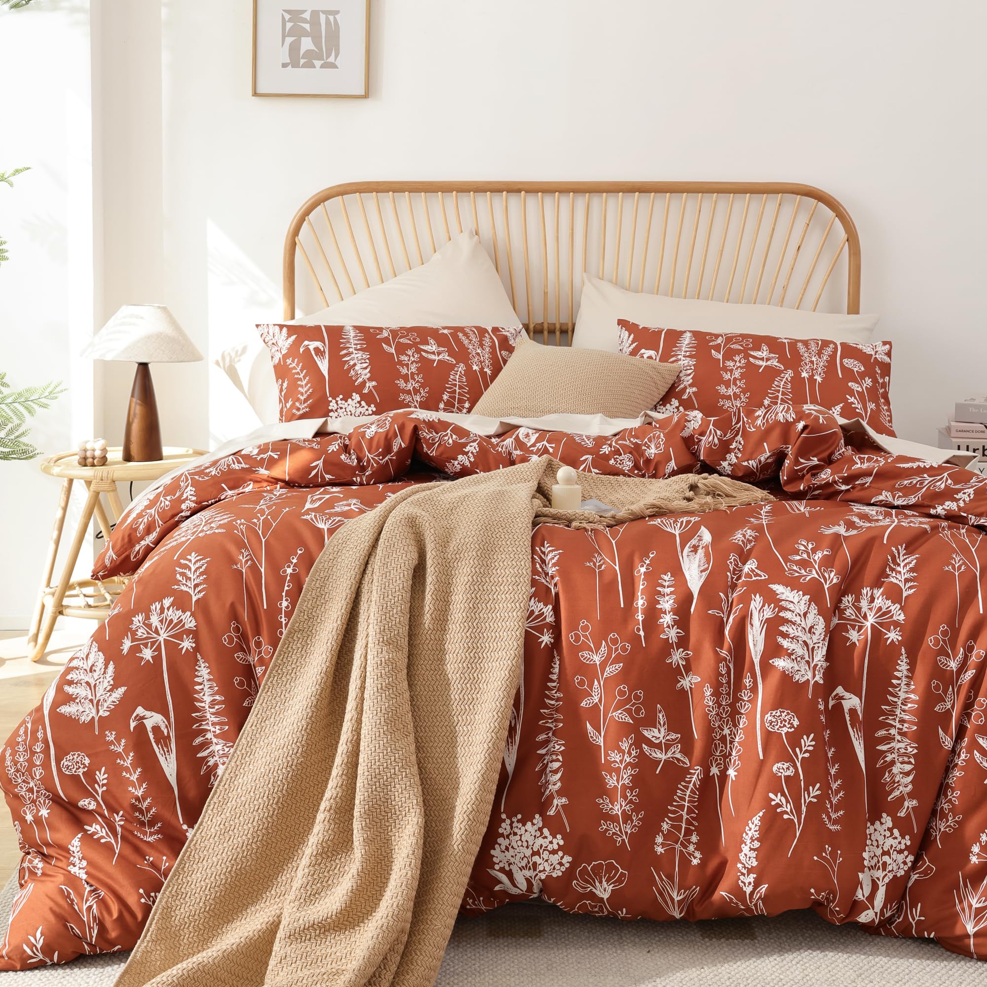 JANZAA Twin Comforter Set - 3 Piece Floral Bedding with Reversible Botanical Design, Soft Terracotta Comforter & Pillow Shams | Perfect for Guest Rooms, Dorm Decor & Cozy Bedroom Makeovers