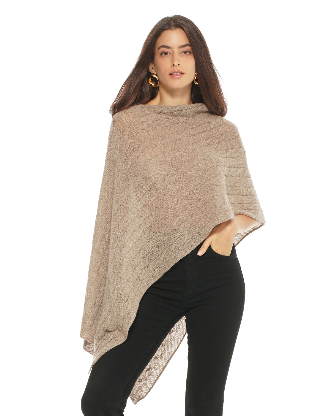 Luxury Women's Pure Cashmere Cable Knit Poncho Shawl - Soft & Warm Winter Wrap - Perfect for Fall, Winter & Holiday Outfits (Camel Color)