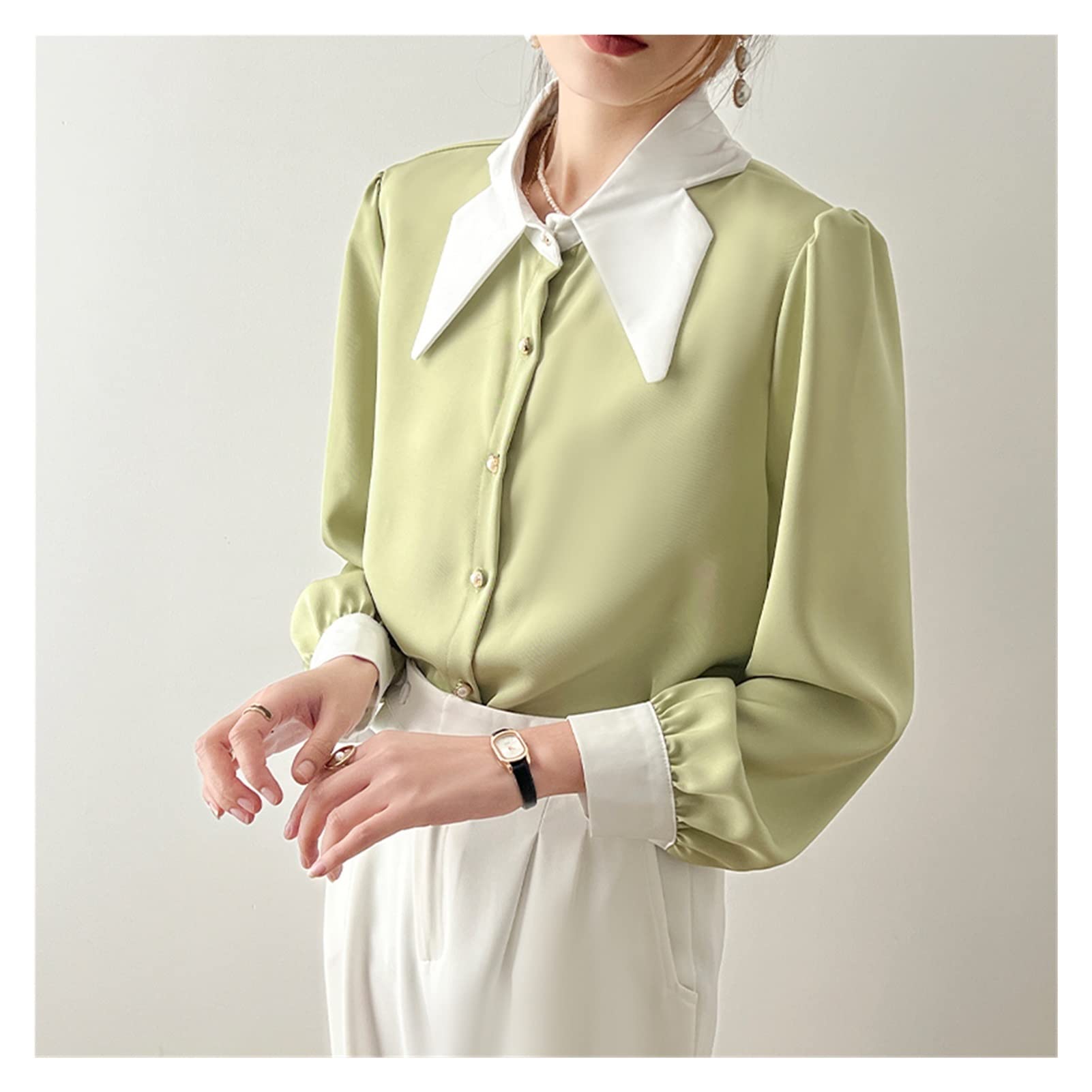 WALNUTA Women's Long Sleeve Chiffon Blouse with Turn Down Collar - Elegant Green Top for Office, Party & Casual Wear