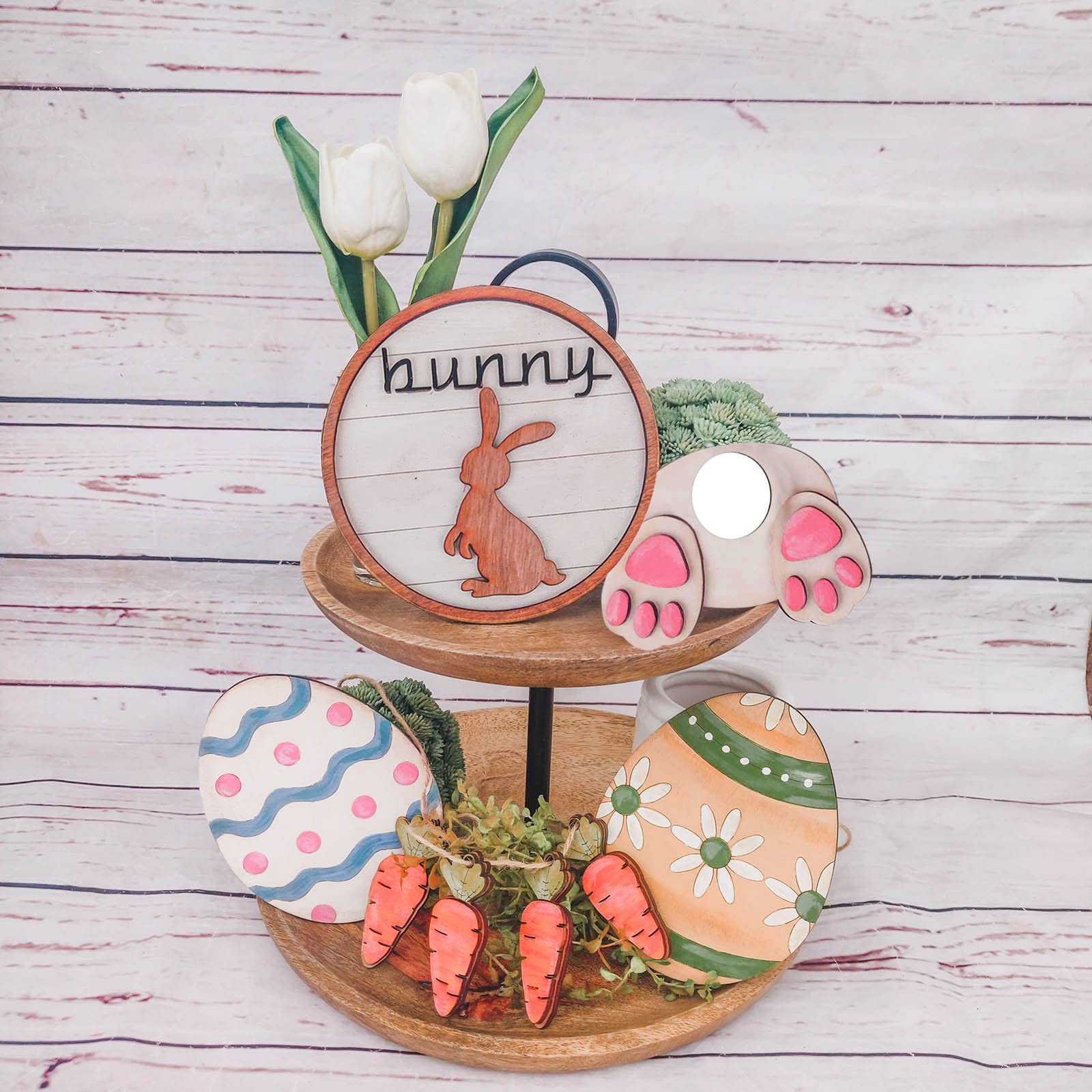 3D Mini Wooden Bunny Signs Easter Tiered Tray Decor - Rustic Wooden Easter Decorations for Home, Office & Party - Perfect for Spring Table Centerpieces, Shelf Displays & Holiday Gift Giving