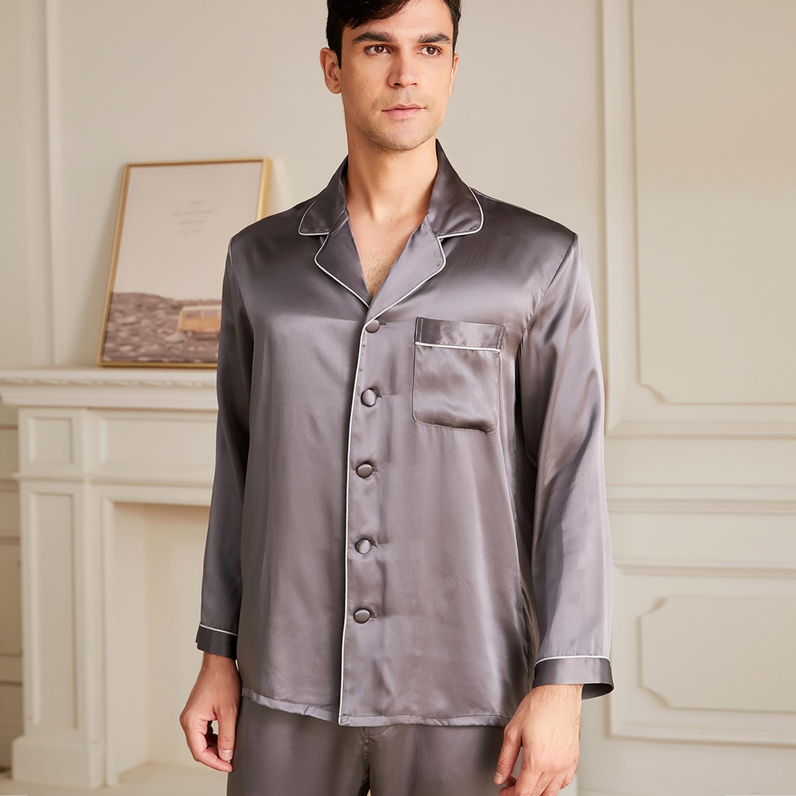 Luxury 19 Momme Mulberry Silk Pajama Set for Men - 2 Piece Long Sleeve Silk Pajamas, Lightweight & Breathable Sleepwear - Perfect for Relaxation, Lounging & Gift Giving