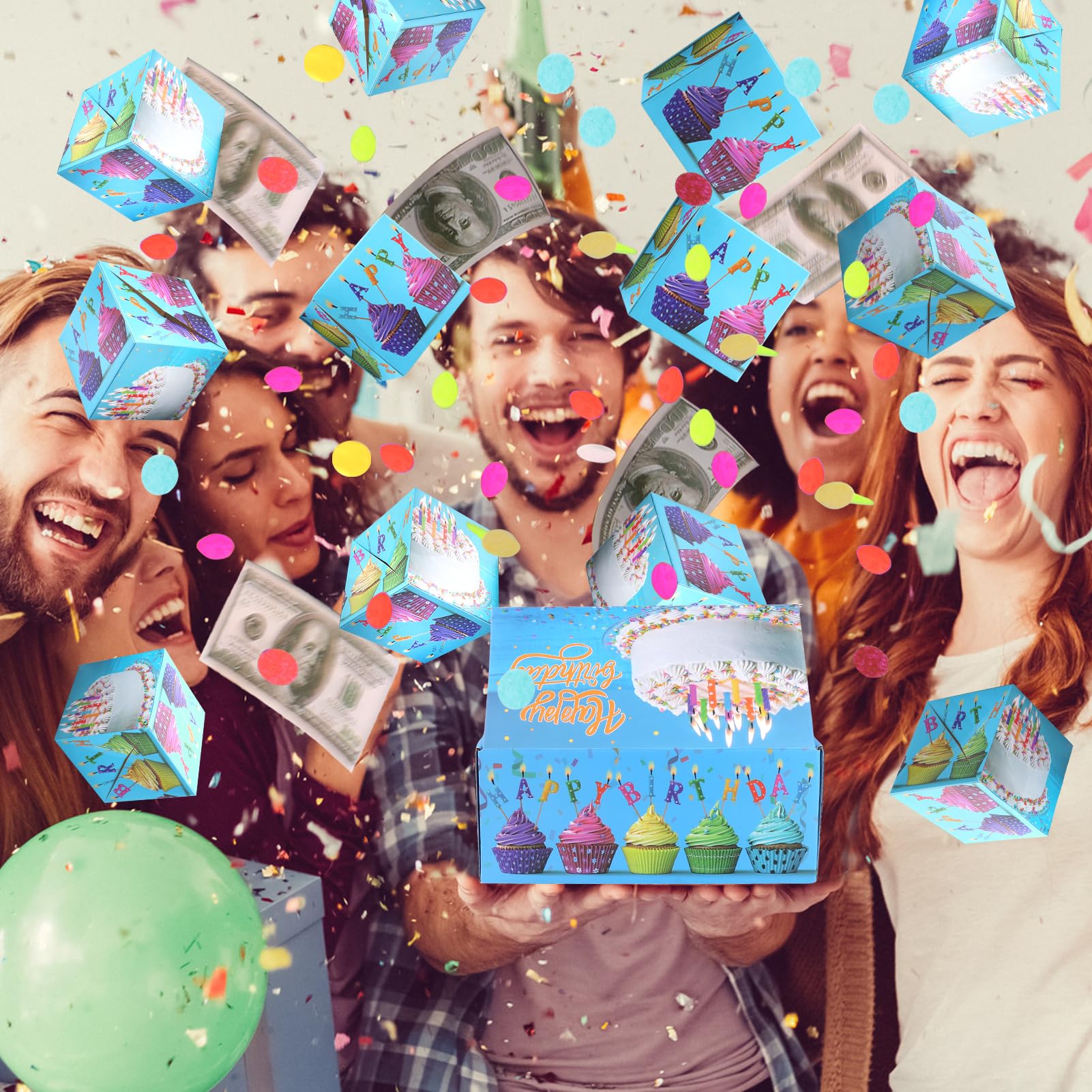 BABORUI Birthday Surprise Gift Box for Money - Exploding Confetti Gift Box for Men, Women & Kids - Perfect for Birthday Parties, Anniversaries & Special Occasions (Blue)